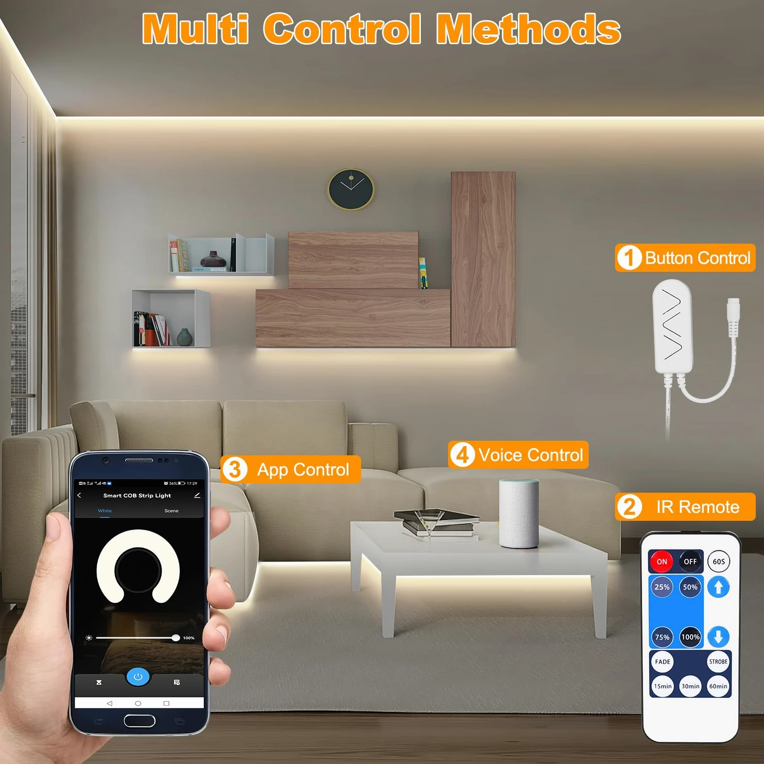 Tatazone Smart - Striscia LED COB bianca con telecomando, 3000 K, luce bianca calda, WiFi, compatibile con Alexa Google, luci LED dimmerabili per interni, per armadietti, stanze, 2 rotoli da 5 m