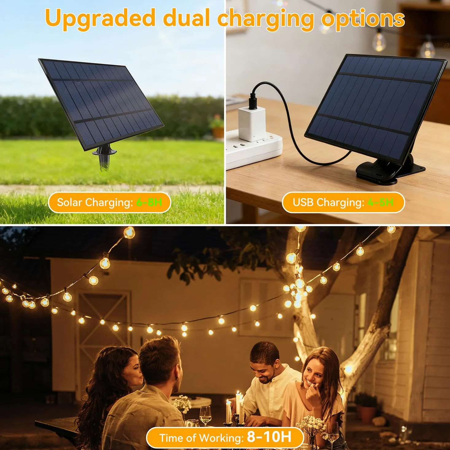Luci solari da giardino da 30 m, impermeabili, con 40+2 lampadine infrangibili G40, 3 modalità dimmerabili, USB e luce solare per esterni, patio, cortile, gazebo, portico, festa di nozze