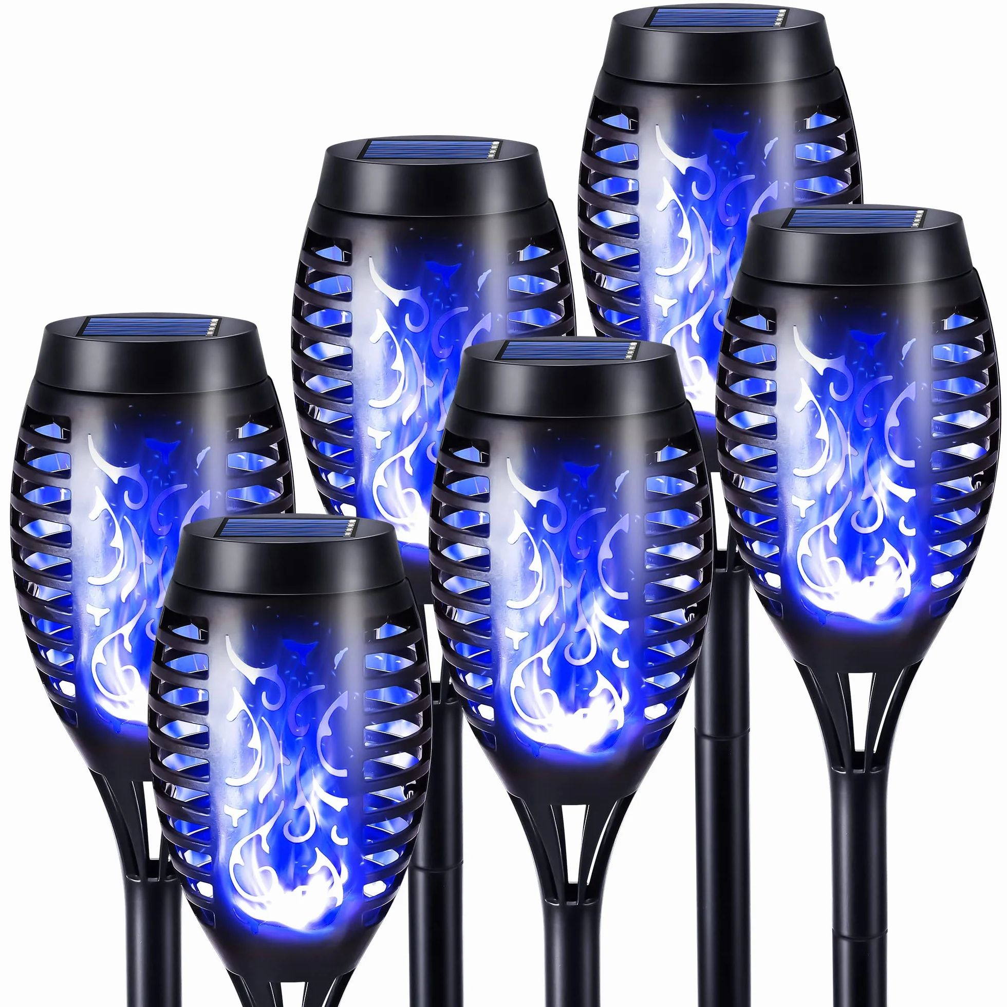 Geemoo Solari Esterno 6 Pezzi Lampade Solari da Giardino Torcia Luce con Blu Fiamma Tremolante Realistico, Luci Decorative per Halloween Esterno, Giardino, Patio, Prato