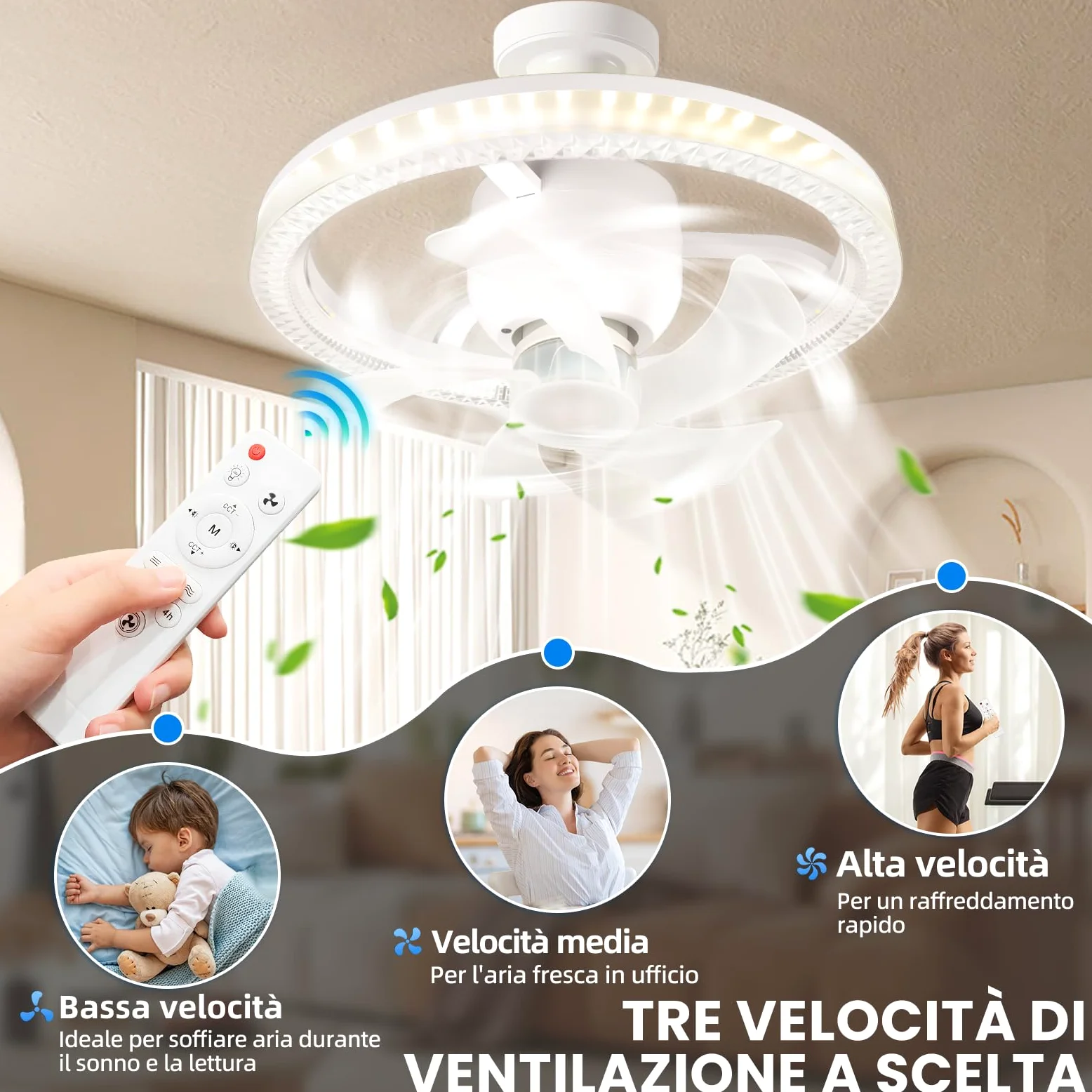 YOOHBERRYS Ventilatore da Soffitto Con Luce e Telecomando, Piccolo Lampadario con Ventilatore da Soffitto, E27 Plafoniera Ventilatores Soffittos, 360 Rotazione, 3 Velocità e Timer(30cm*17.5cm)