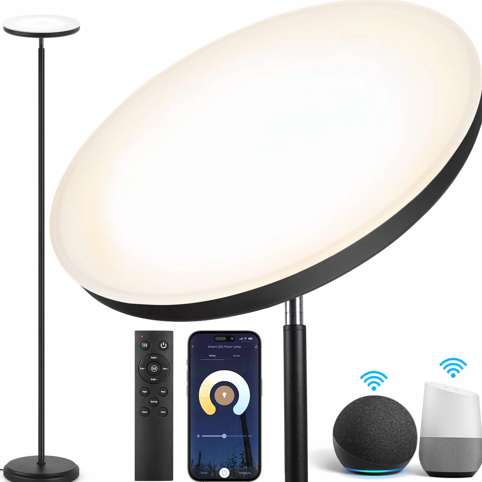 OUTON Smart LED Lampada da terra, 30W / 3000LM Lampada Luminosa Dimmerabile Compatibile con Alexa Google Home, WiFi Remote, Lampada da Terra Regolabile in Altezza per Soggiorno Camera da letto Ufficio