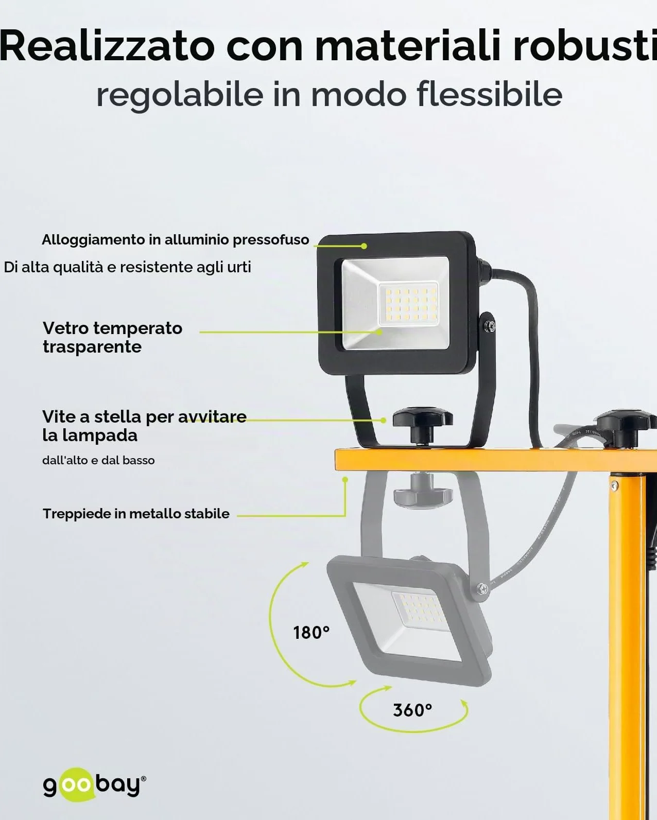 Goobay 57845 Faretto da costruzione a LED su stativo telescopico 2 x 20W / 3400lm / Luce bianca neutra - 4000K / Per uso interno ed esterno - IP65 / Nero/Giallo