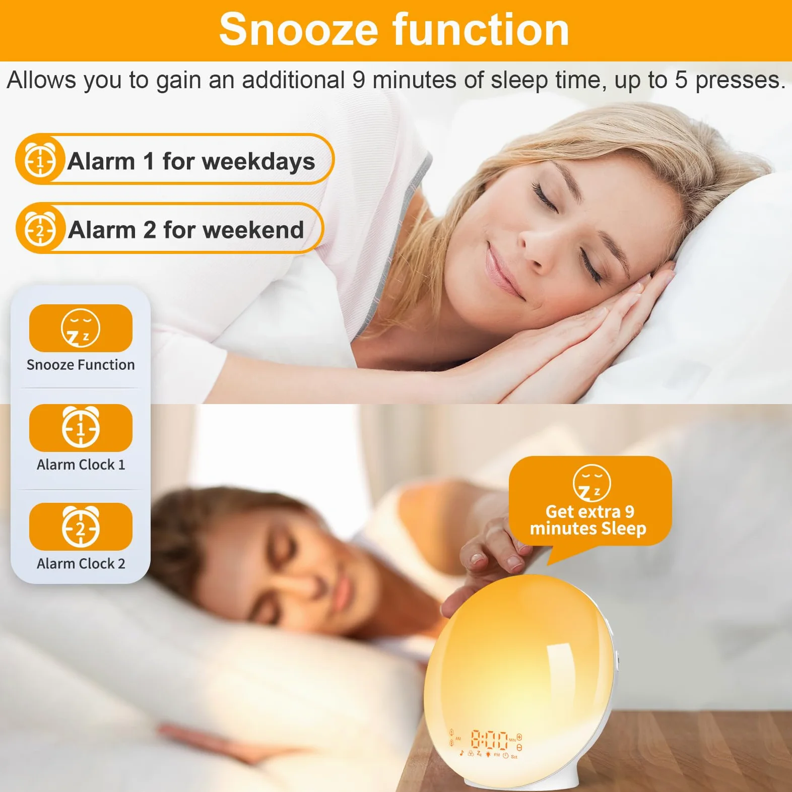 Sveglia luminosasvegliare con luce per simulare l'alba e il tramonto, doppio allarme e funzione snooze, 11 colori di luce, 7 suoni naturali, radio FM