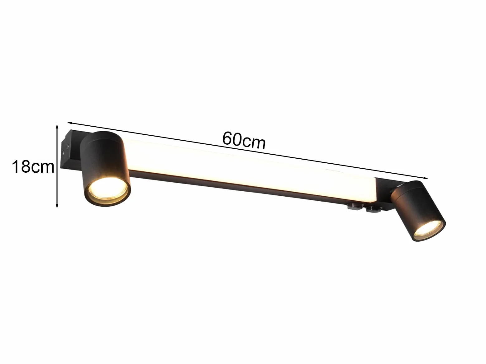 Lampada da specchio da bagno con 2 faretti e interruttore, colore nero, larghezza 60 cm