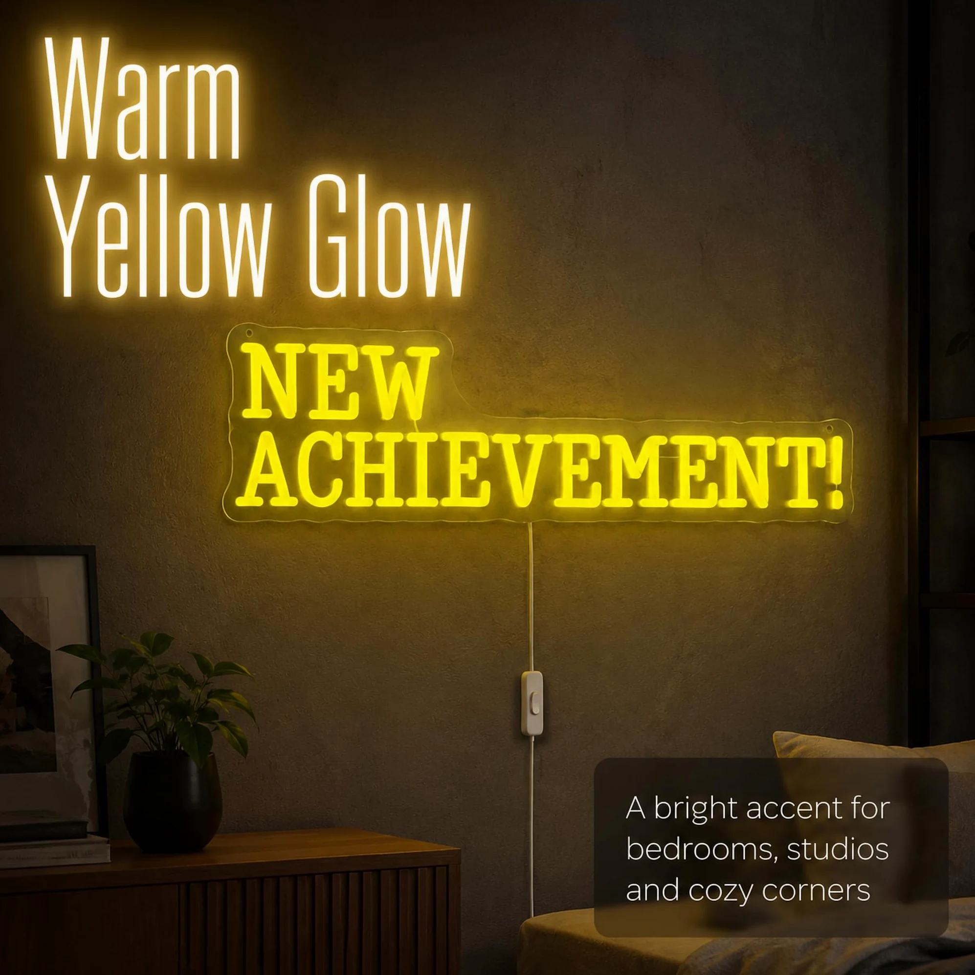 Targa al neon con scritta "NEW ACHIEVEMENT!", 45 x 15,2 cm, decorazione da parete a LED gialla, con retro in acrilico, alimentata tramite USB, per la stanza dei videogiochi, per la camera da letto e