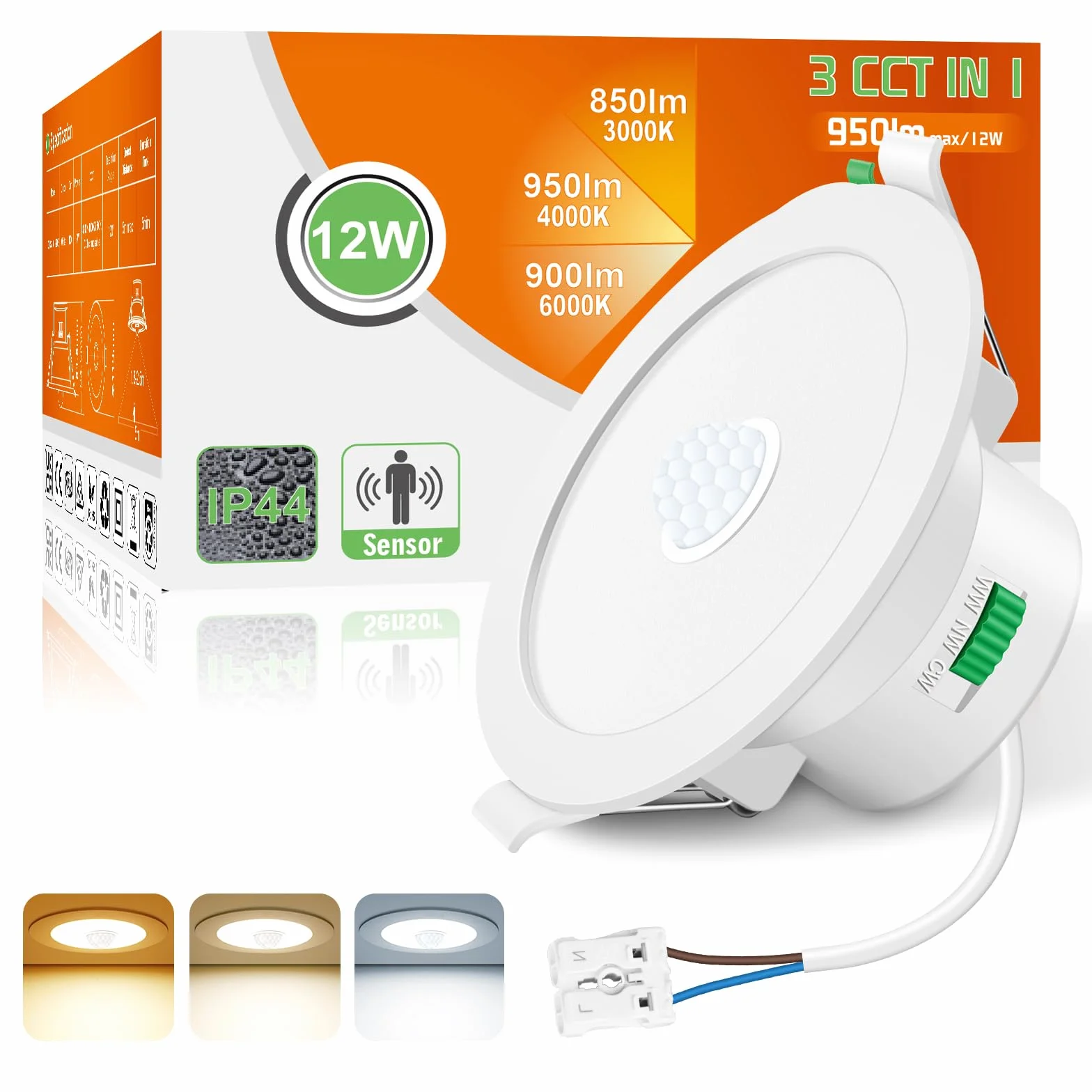 ALUSSO Faretti LED da Incasso per Cartongesso con Sensore di Movimento, 12W 950LM, AC 220-240V, 3000K 4000K 6500K Regolabile, IP44 Impermeabile, Diametro del Foro 90-100MM, 1 Pack