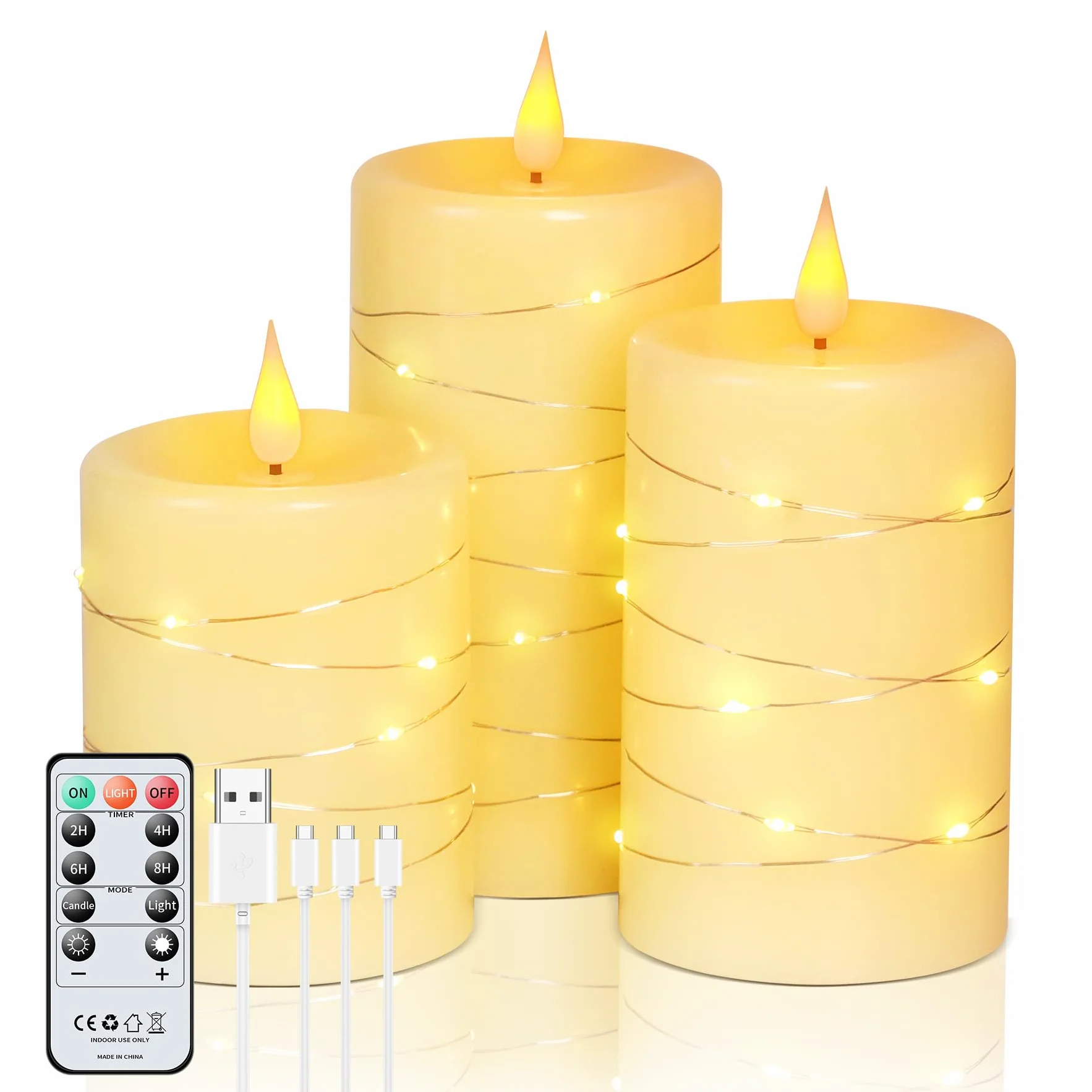 Forever Speed Candele LED Ricaricabili 3 Pezzi con Telecomando, 1000mAH Candele Led Fiamma Oscillante con Luci a Stringa Incorporate Dimmerabile per Decorazione per Feste, Campeggio, Matrimonio