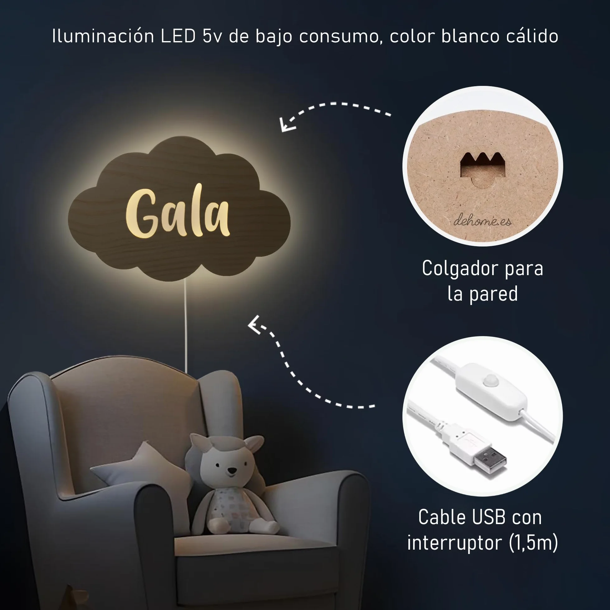 Dehome Lampada da Parete Personalizzata a LED a Forma di Nuvola per la Stanza dei Bambini - Lampada per Bambini Bianca Calda con Nome - Regalo Personalizzato