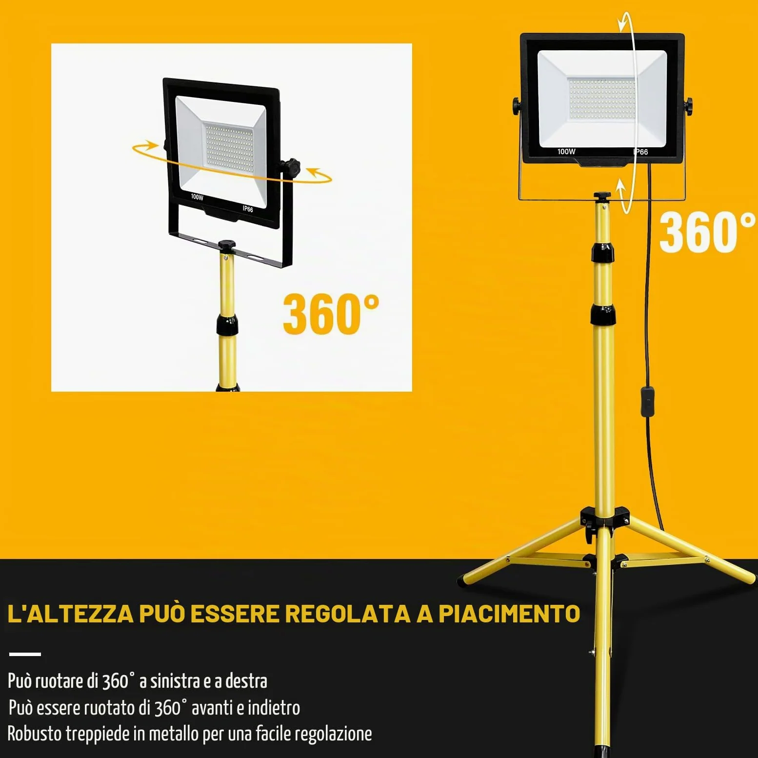 Willpower Treppiede Faretto da Cantiere 100W Faro da Lavoro LED Esterno | Faro LED 10,000LM, Con Spina, 6000K Bianco, Impermeabile IP65, Proiettore LED per Interni Officina Garage Industriale
