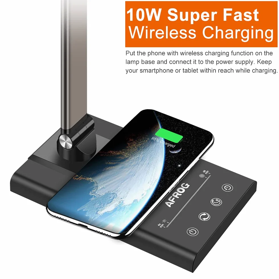 AFROG Lampada da scrivania a LED multifunzione 5a generazione con caricabatterie wireless veloce da 10 W, porta di ricarica USB, 1800 lux super luminosa, 5 modalità di illuminazione, 7 luminosità,