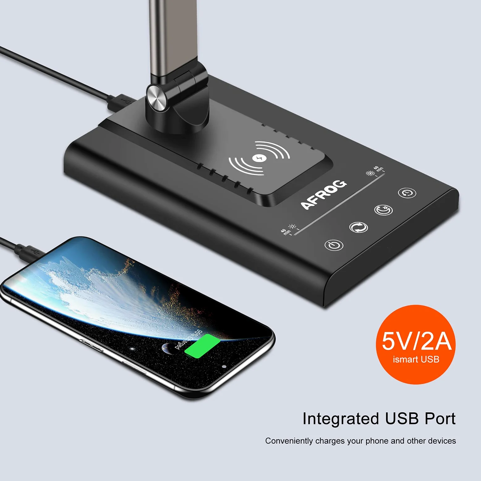 AFROG Lampada da scrivania a LED multifunzione 5a generazione con caricabatterie wireless veloce da 10 W, porta di ricarica USB, 1800 lux super luminosa, 5 modalità di illuminazione, 7 luminosità,