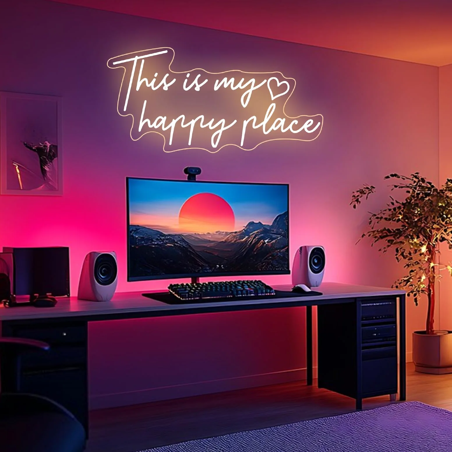 Segnale al neon con testo in inglese "This is My Happy Place", luce LED bianca calda, decorazione estetica per camera da letto per adolescenti, segnali luminosi al neon per camera da letto, soggiorno