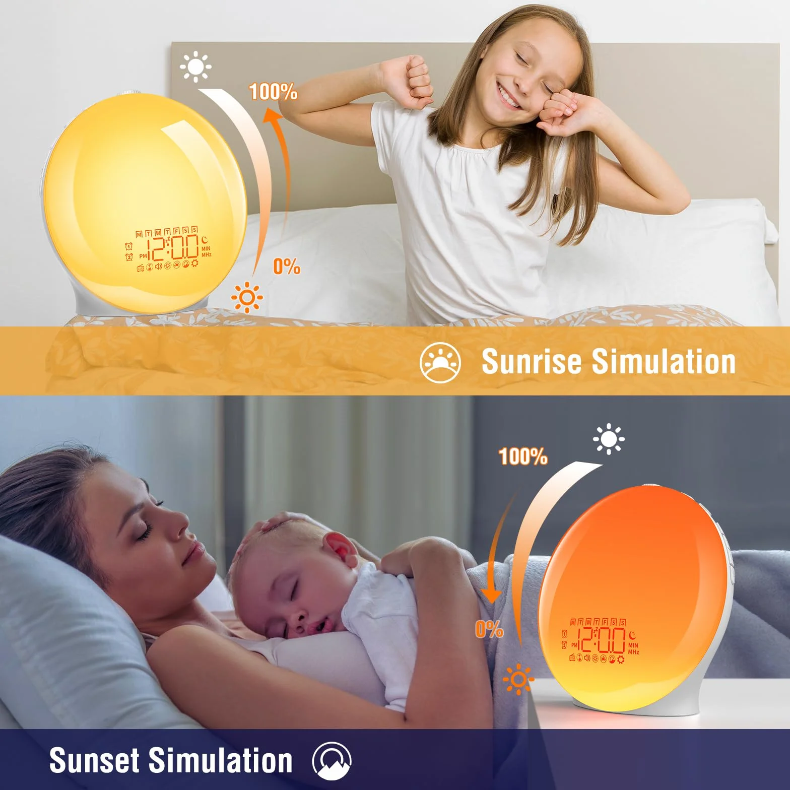 YAZEKY Wake Up Light,Luce Sveglia da Comodino con Simulazione dell'Alba,Luce Notturna con Due Sveglie e Funzione Snooze,FM Radio,20 Livelli di Luminosità,7 Suoni Naturali,Lampada Atmosfera 18 Colori