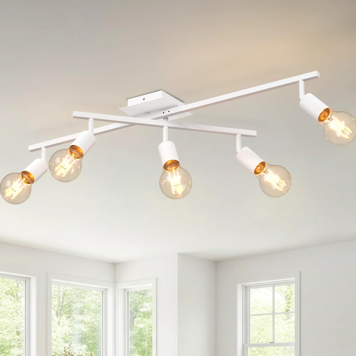 LVWIT Faretti Orientabili Bianco, Faretti Soffitto con 5 Attacco E27, Faretto da Interno Moderna, Lampadario Faretti per Barra, Salotto, Cameretta, Cucina,Corridoio Illuminazione (Senza Lampadina)