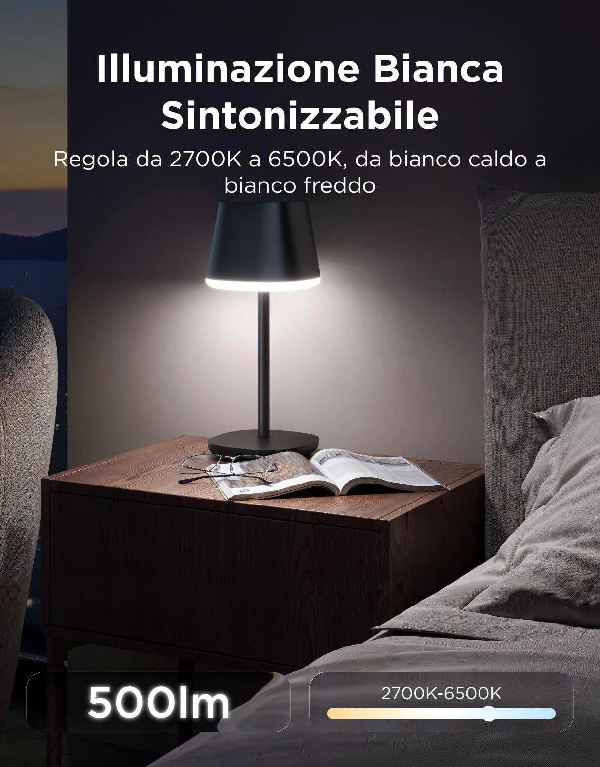 Govee Lampada da Tavolo senza Fili, RGBICWW Lampada da Comodino LED Compatibile con Mattel Alexa, Dimmerabile 500lm e Ricaricabile 4800mAh, 72 Scene, 2700-6500K per Soggiorno Camera da Letto Scrivania
