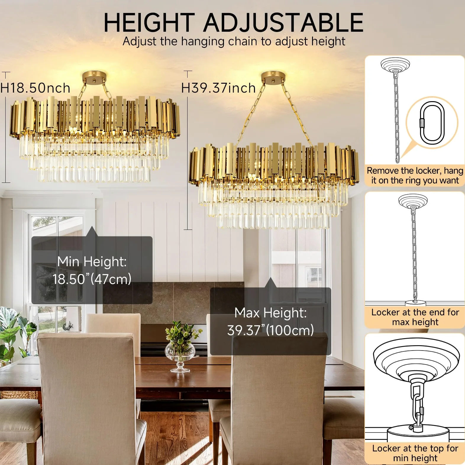 Lampadario moderno in cristallo oro, illuminazione a sospensione ovale in cristallo per soggiorno, sala da pranzo, camera da letto, ristorante, E14 x 8, 80 x 35cm