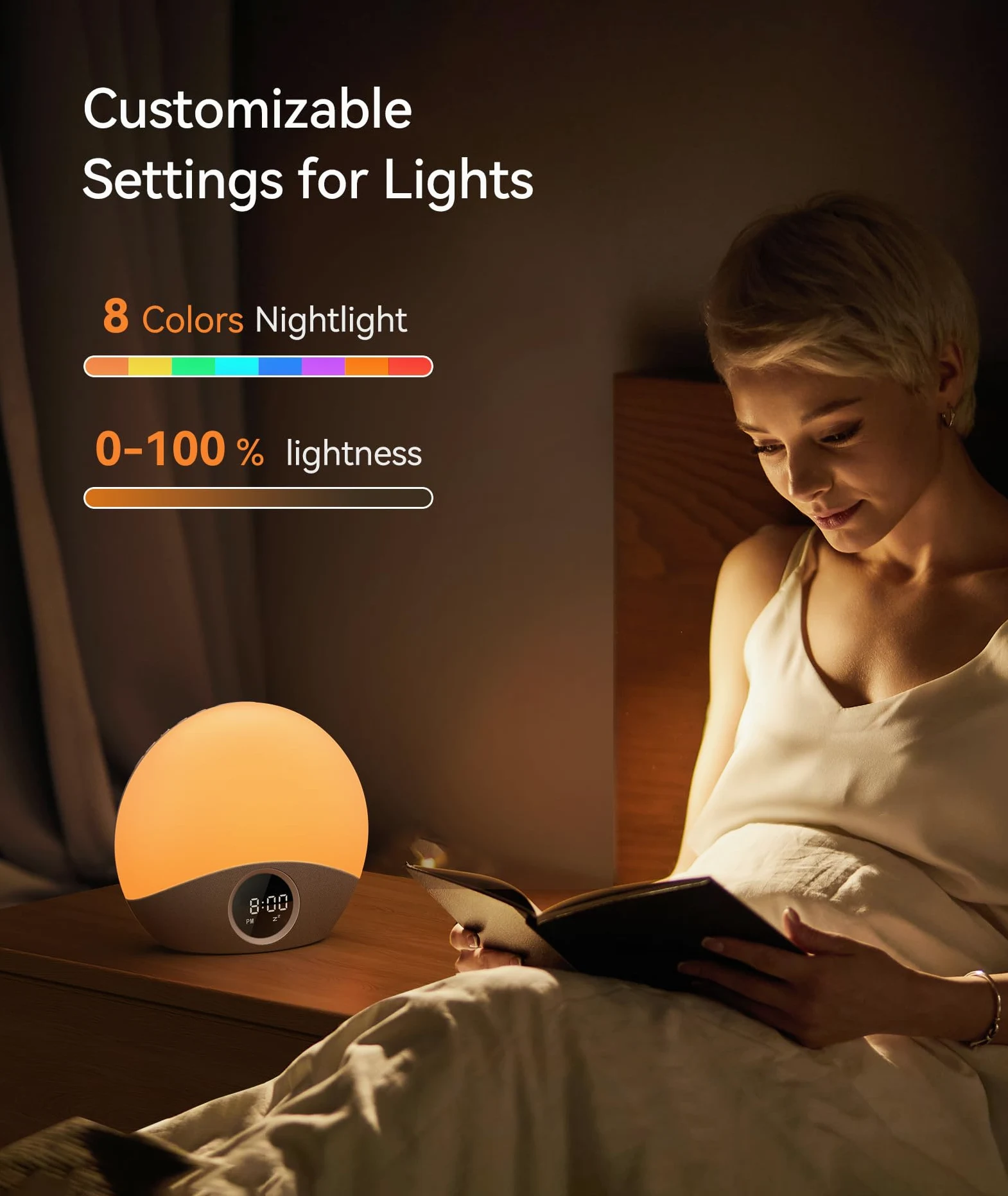 Dreamegg Nite 7 Sveglia Luminosa Alba Macchina Rumore Bianco con 30 Suoni, Sveglia da Comodino con 5 Suoni di Allarme e 8 Colori di Luce Notturna, Funzione Snooze Sveglia per Adulti e Bambini