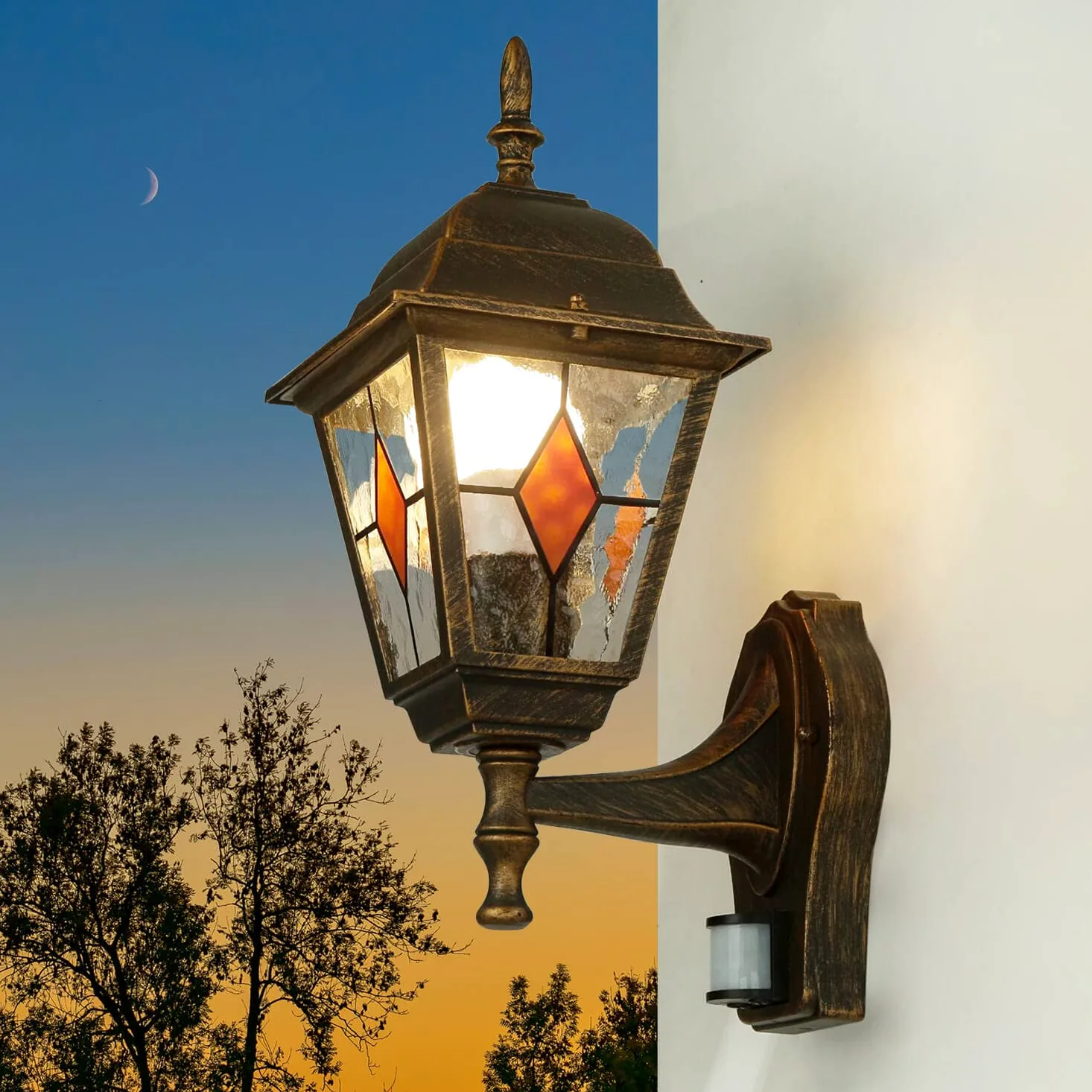 Applique vintage Salzburg con rilevatore di movimento rame antico retrò in stile Tiffany E27 37,5 cm Lanterna per esterni ideale per giardino viale