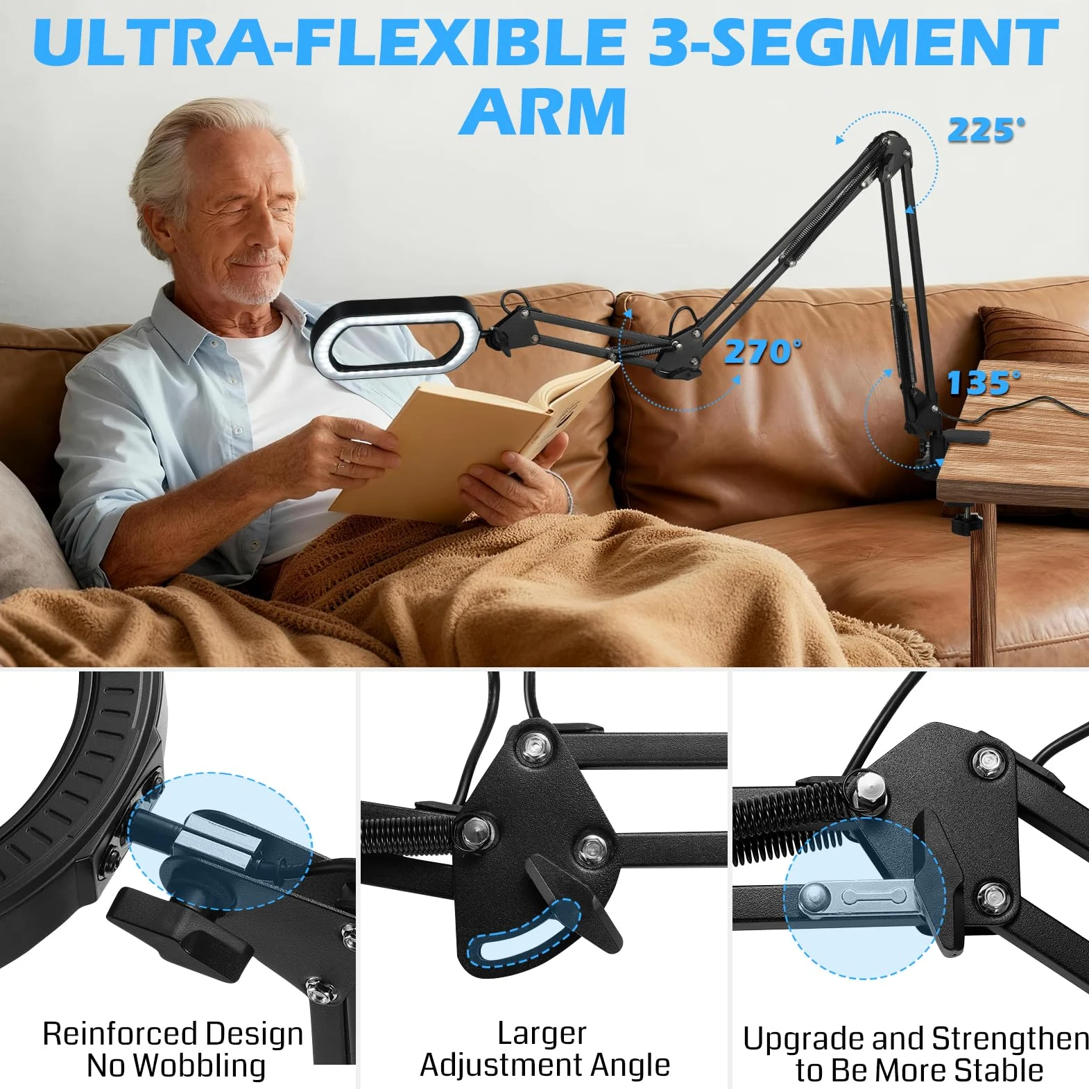 sainsmart Lente d'ingrandimento 12X con luce e morsetto, braccio ultra lungo a 3 sezioni, lente in vetro da 5,3×3,2", 5000LM, 5 temperature di colore e 10 livelli di luminosità