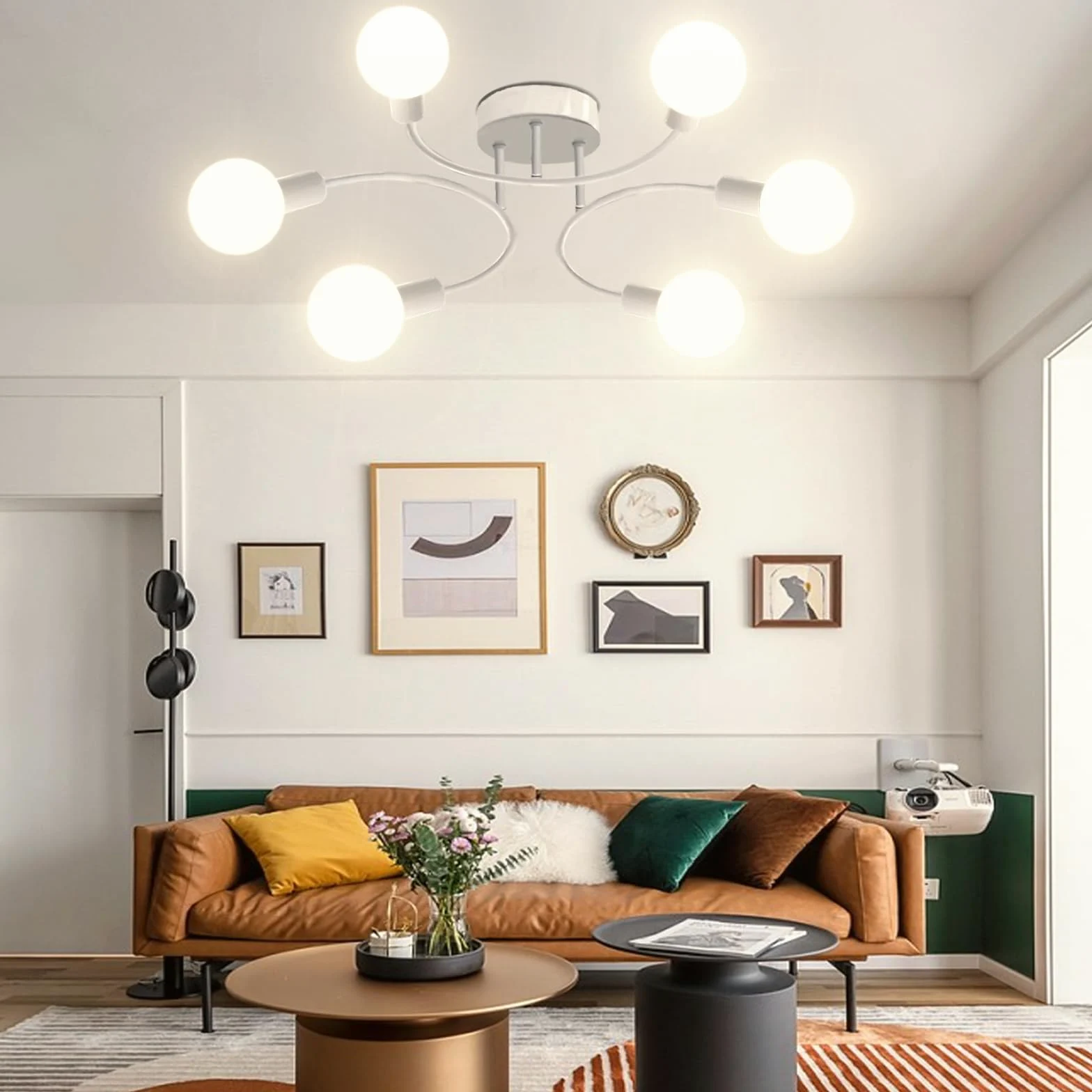 Lampadario Soggiorno Industriale,6 Luci Plafoniera Soffitto Vintage E27,Lampada da Soffitto Bianco, Plafoniera Sputnik per Camera da Letto, Soggiorno, Cucina.Diametro 70CM(Senza Lampadina)
