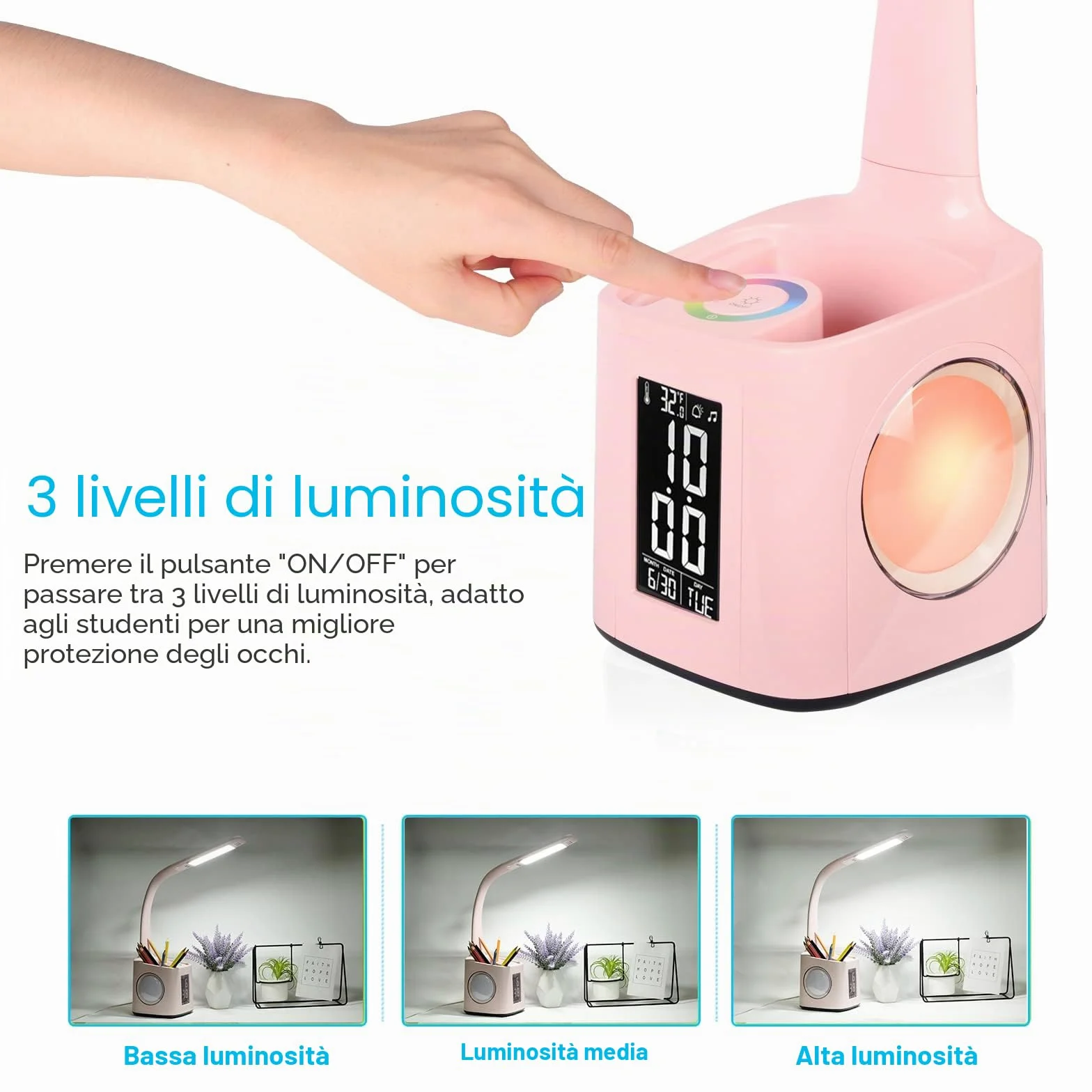 Lampada da scrivania a LED, lampada da scrivania per bambini con orologio, sveglia, calendario, termometro, RGB e portapenna, luce regolabile per proteggere gli occhi, lampada da scrivania per bambini