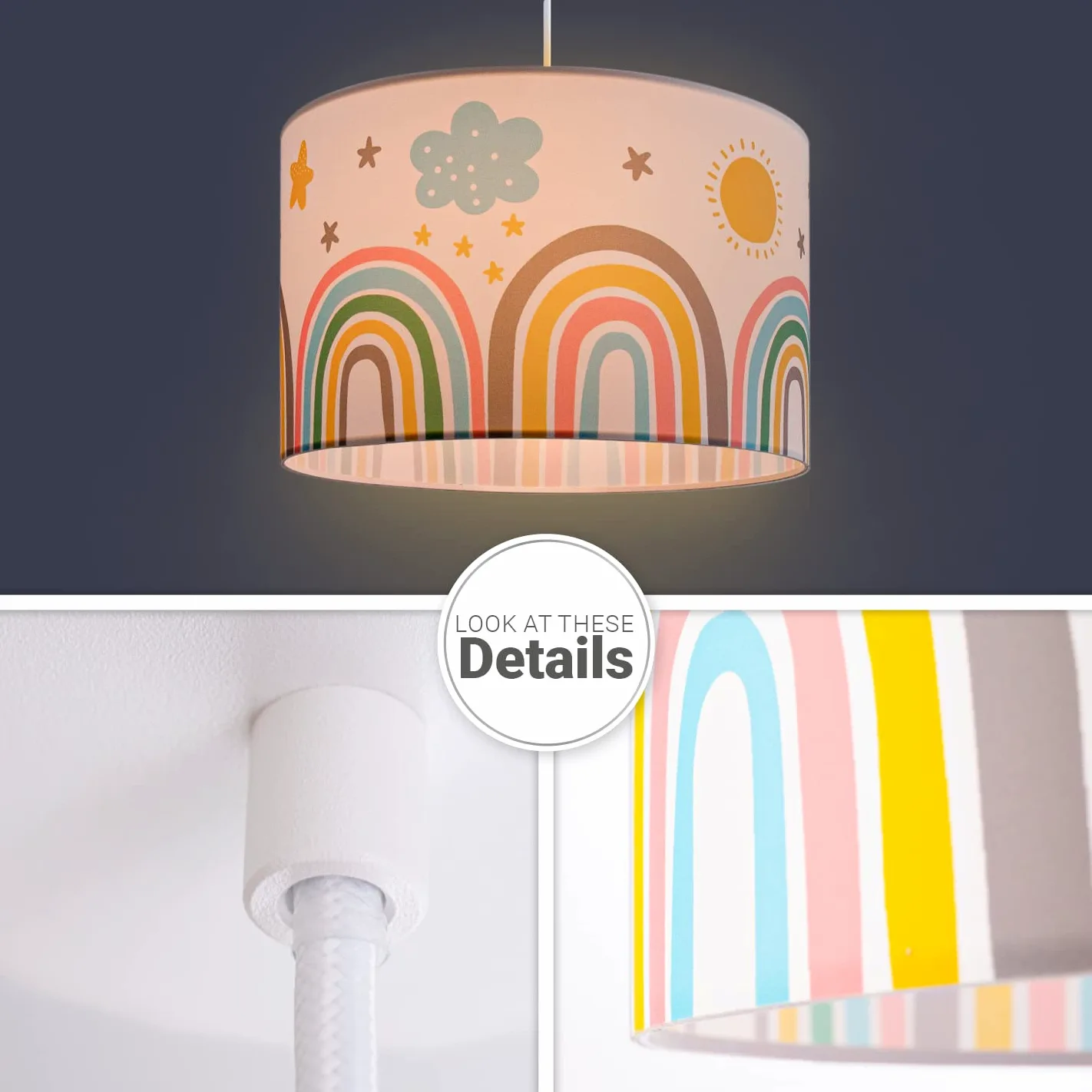 Paco Home Bambini Sospensione Cameretta Dei Bambini Paralume Tessuto Rotondo E27 Arcobaleno