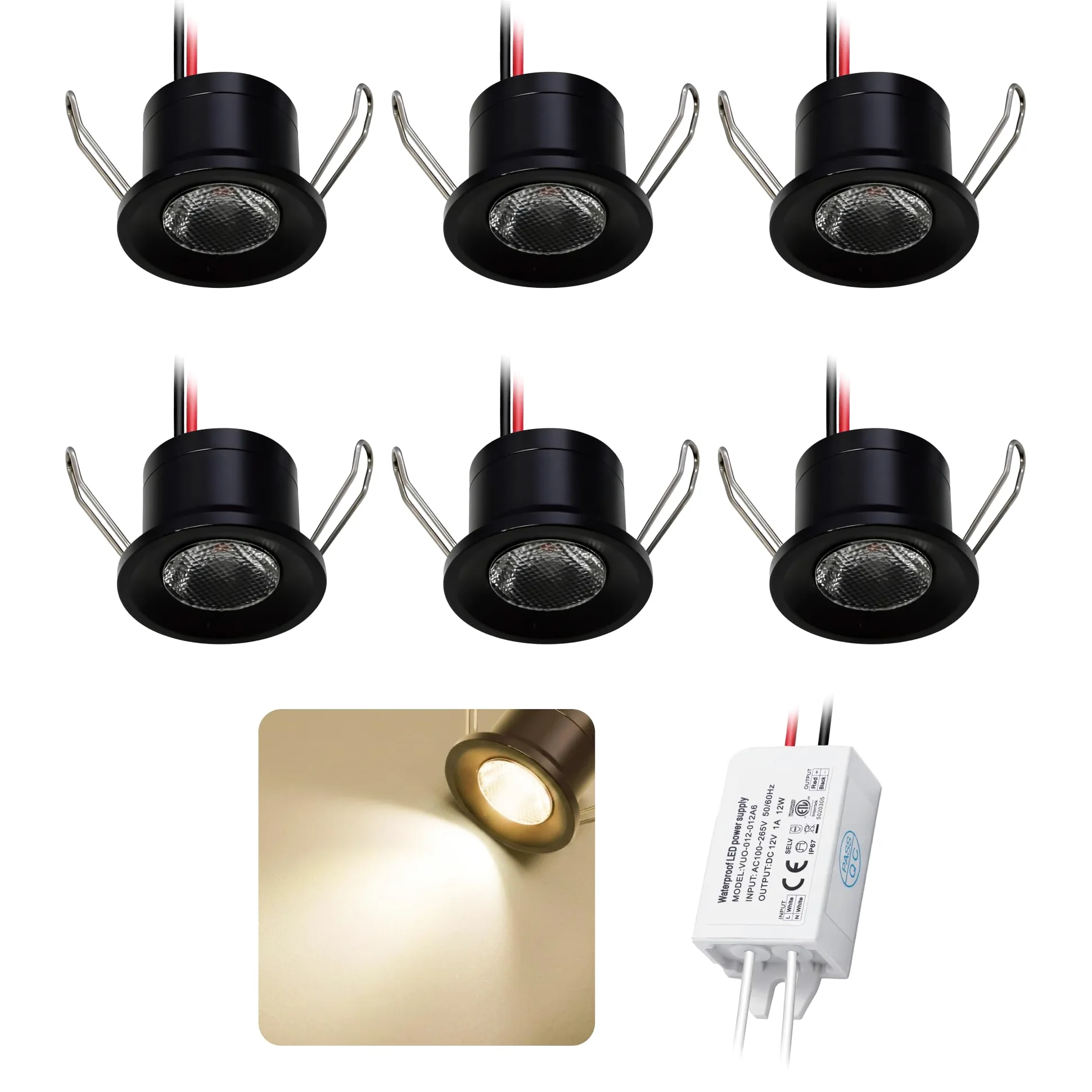 Mini Faretto LED 2W 6pz DC 12V, IP65 Impermeabile Piccolo Faretto da Incasso Soffitto, 25mm Illuminazione Fai-da-Te per Mobili Quadri Pareti Cucina Scale Vetrine Corridoi (Nero Caldo)
