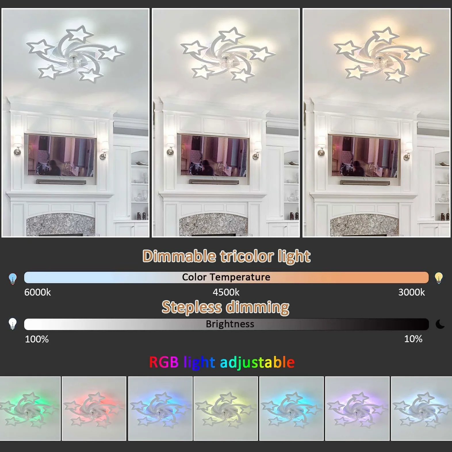 RGB Lampadario Con Ventilatore Da Soffitto Con Telecomando APP, Bambino Cameretta Lampadario Ventilatore Reversibile 6 Velocità Dimmerabile Ventola Soffitto Con Luce Memoria Silenzioso Bianco