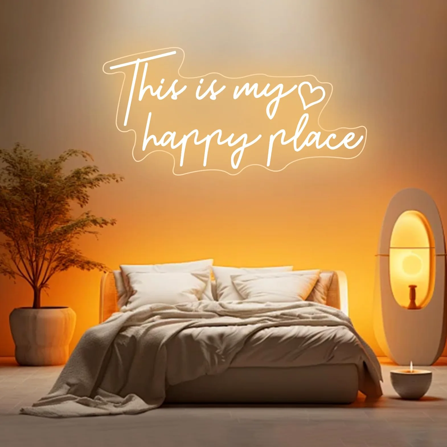 Segnale al neon con testo in inglese "This is My Happy Place", luce LED bianca calda, decorazione estetica per camera da letto per adolescenti, segnali luminosi al neon per camera da letto, soggiorno
