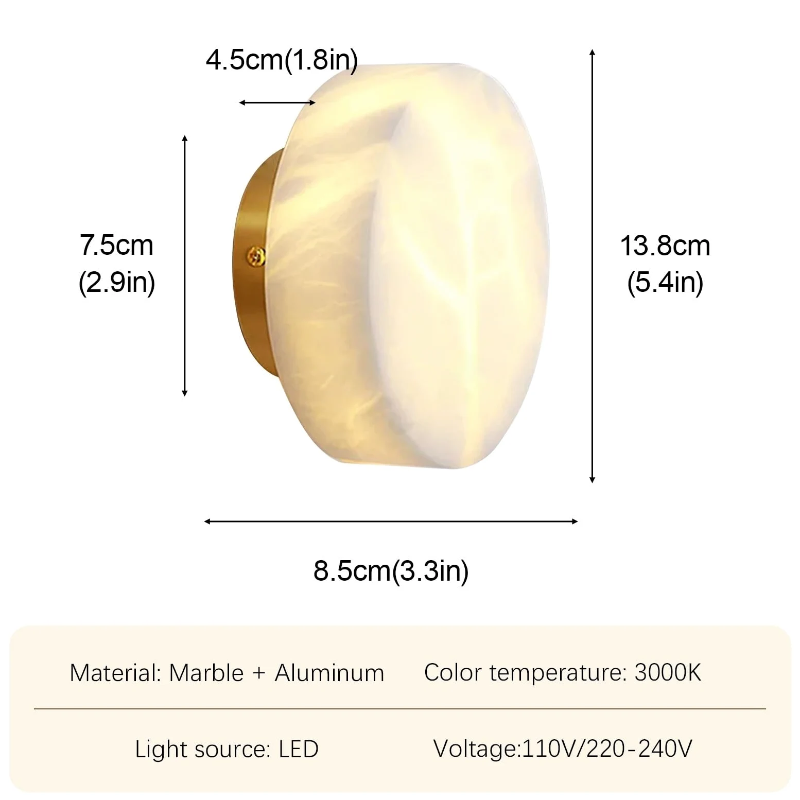 Lampada da parete rotonda in alabastro, mini lampada da parete in marmo, applique da parete in pietra naturale, lampade da parete for illuminazione da comodino, LED - 5 W - 3000K