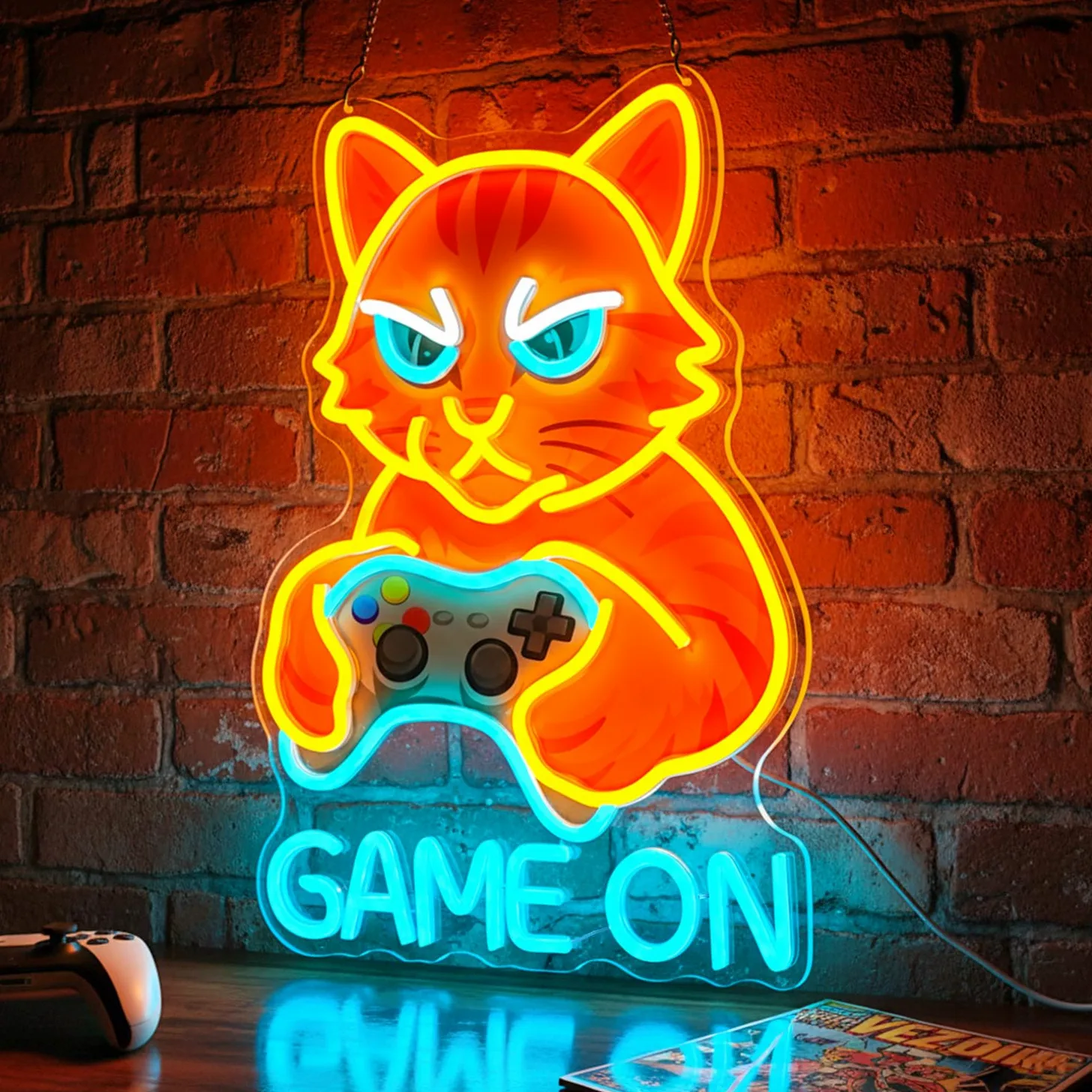 Insegne luminose del gatto, GAME ON Insegna al neon, Gatto con controller Insegne al neon a LED per sala giochi, Lampada da parete al neon USB per giocatori, regalo di gioco per giocatori