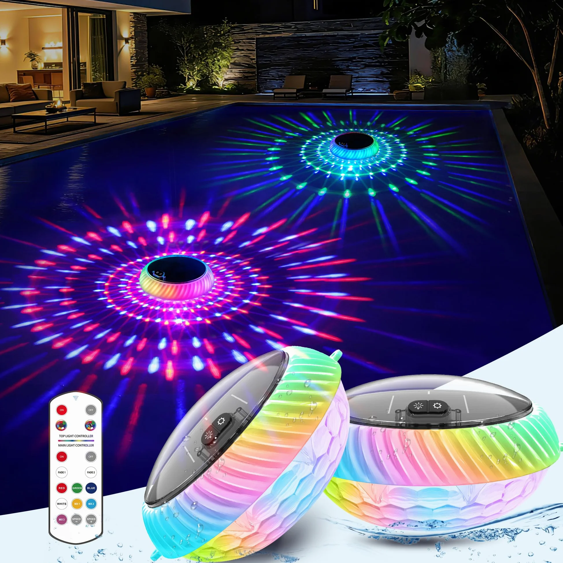 AearKing Luci Galleggianti per Piscina,Luce Piscina Solare con Telecomando,Luci Piscina RGB con Luminosi Dinamici,Luci Piscina IP68 Impermeabili,Luci Galleggianti LED per Piscina, Laghetti - 2 Pezzi