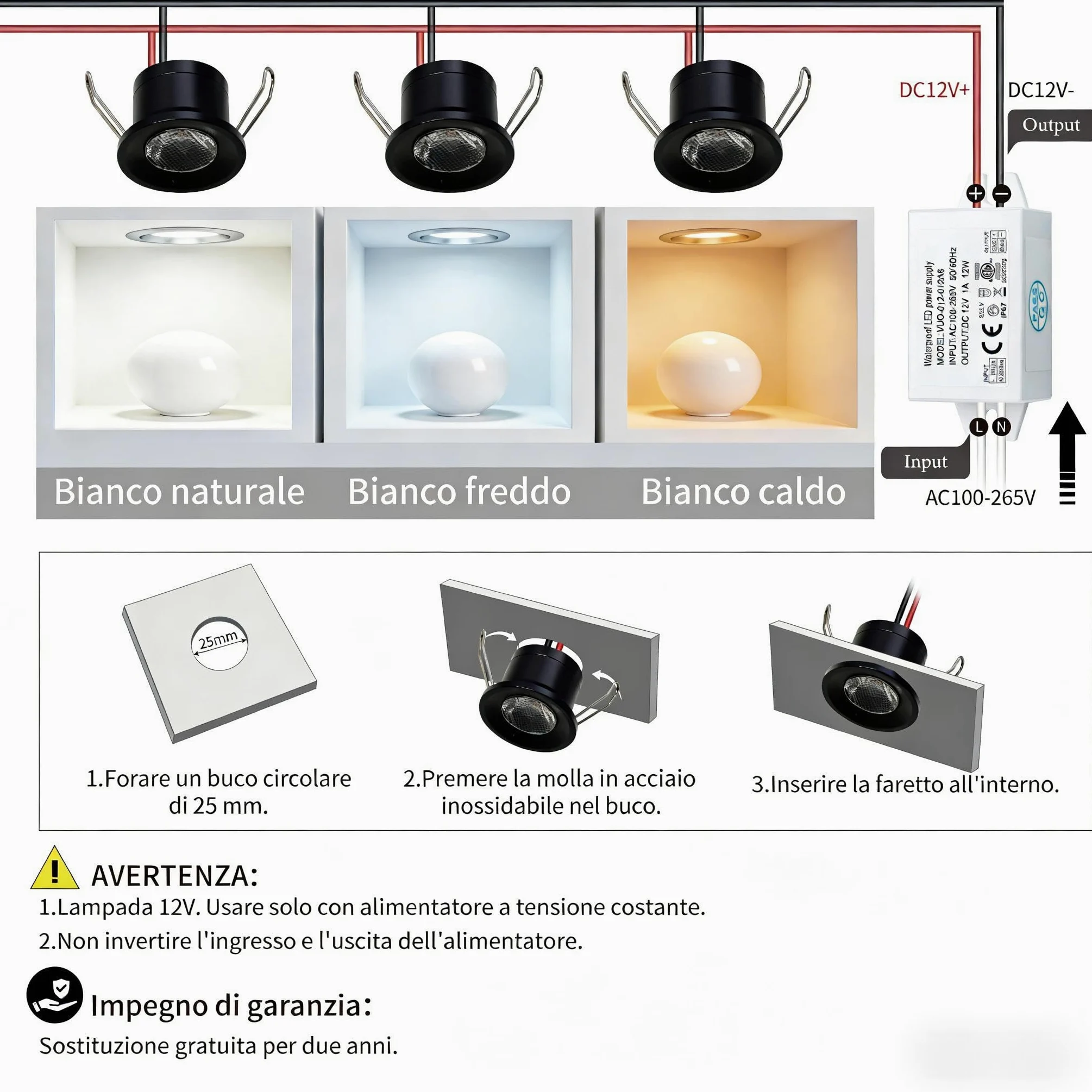 Mini Faretto LED 2W 6pz DC 12V, IP65 Impermeabile Piccolo Faretto da Incasso Soffitto, 25mm Illuminazione Fai-da-Te per Mobili Quadri Pareti Cucina Scale Vetrine Corridoi (Nero Caldo)