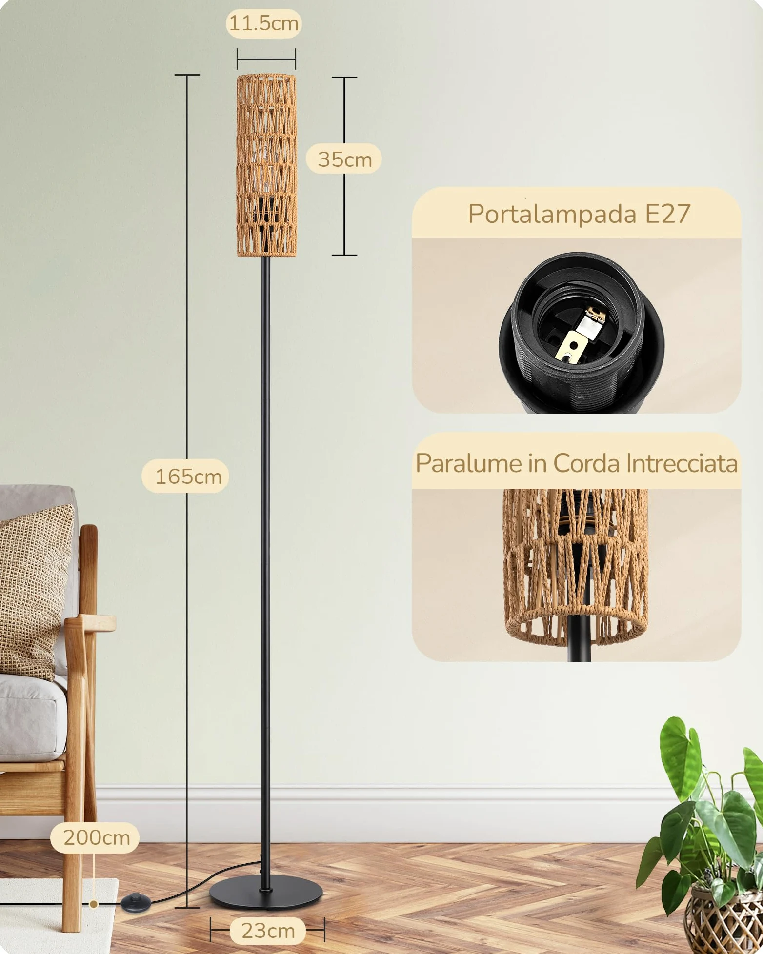 EDISHINE Lampada da Terra con Paralume in Corda Intrecciata, E27 Lampadina LED 2700K Luce Calda Inclusa, Interruttore a Pedale, Lampada da Terra Moderna per Soggiorno, Camera, Ufficio, 165 cm…