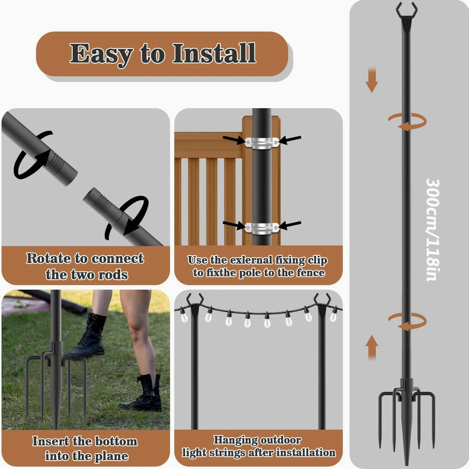 Pali luminosi per esterni, supporto per illuminazione patio, pali per luce da giardino, supporto per luce da prato, robusti pali in metallo, supporto per illuminazione esterna, pali luminosi per