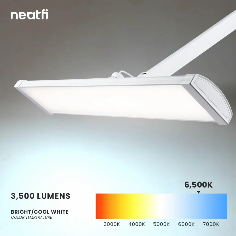 Neatfi Lampada da tavolo ultra luminosa da 3.500 lumen, con morsetto, lampada da scrivania super luminosa da 45 W, 270 LED SMD, lampada larga 26 pollici, dimmerabile, lampada a LED (bianco)