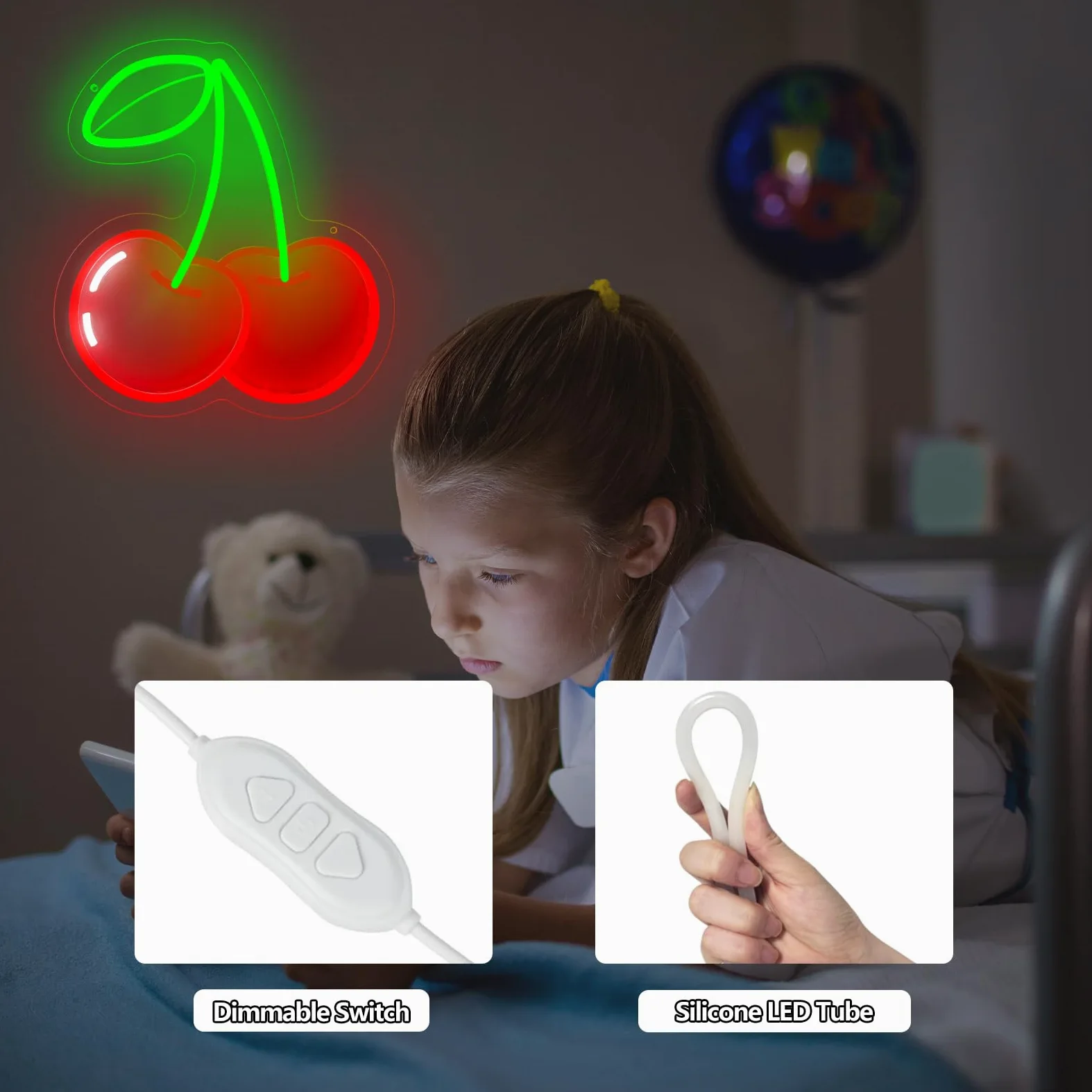 Insegna al neon a forma di ciliegia, decorazione da parete, dimmerabile, con stampa di frutta, luci al neon al neon a tema frutta vibrante per camera dei bambini, camera da letto, ristorante, bar