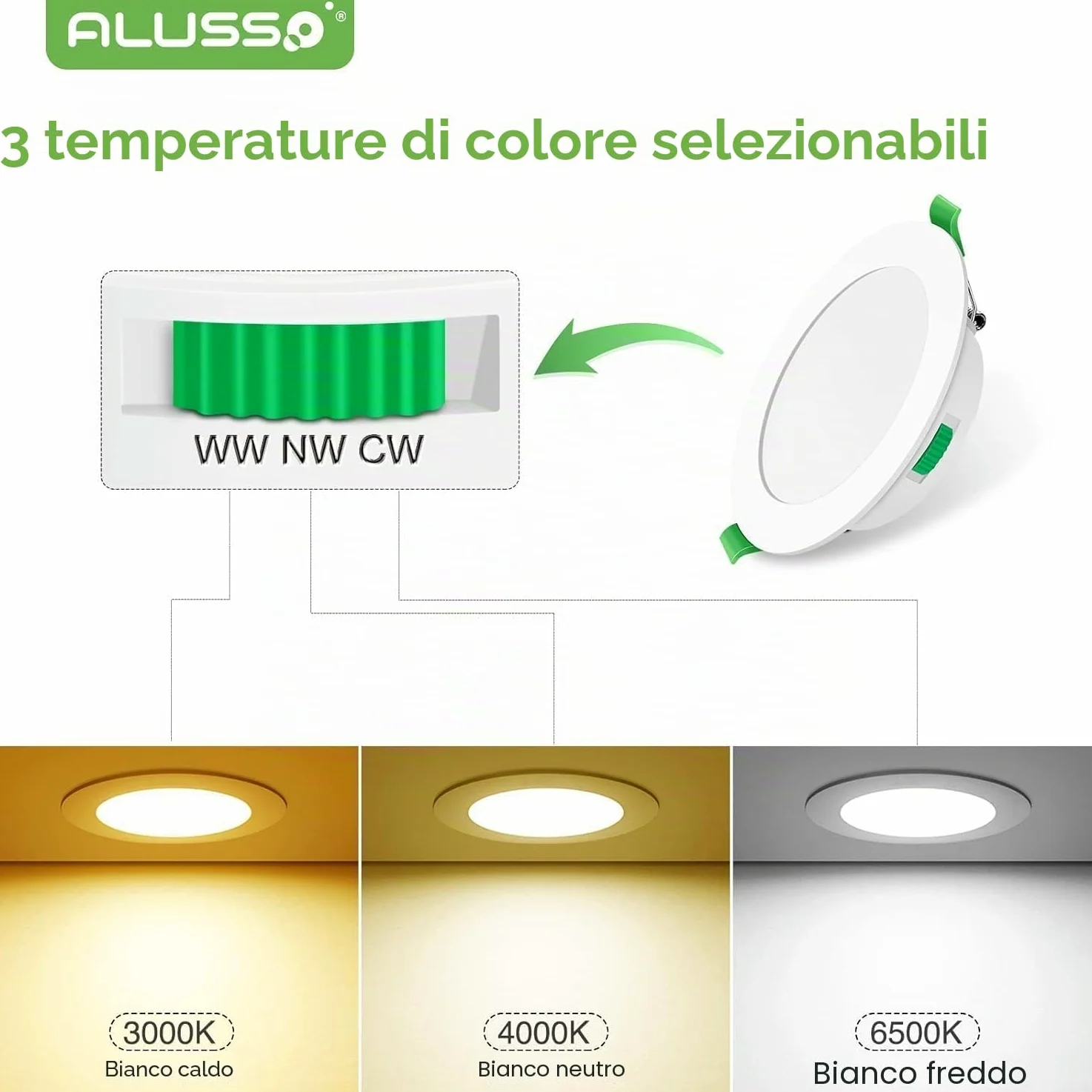 ALUSSO Set di 6 faretti LED da incasso piatti 230 V, 10 W, 800 lm, intensità variabile, ultra sottile, profondità di incasso 30 mm, bianco caldo 3000 K, bianco neutro 4000 K, bianco freddo 6500 K,