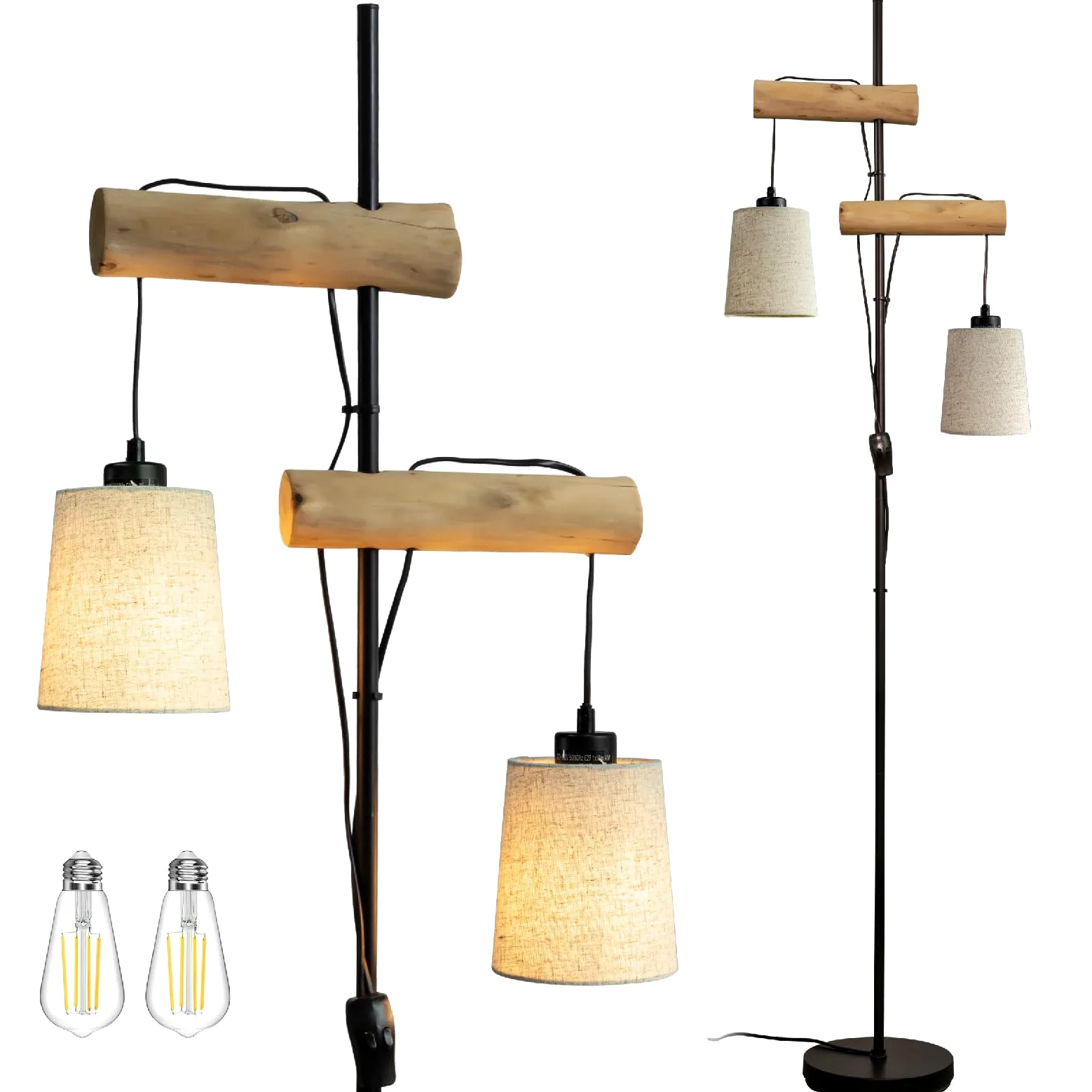 Lampada da Terra Moderna con Supporto in Legno Naturale, 2 Paralumi in Tessuto, Design Rustico per Soggiorno e Camera da Letto