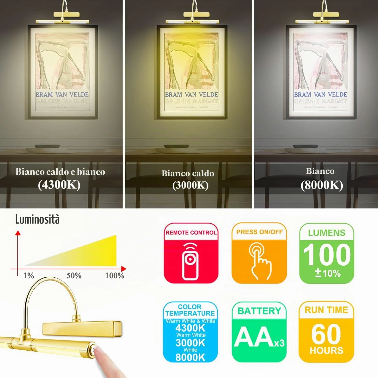 BIGLIGHT Lampada per Quadri,Luci Specchio con Telecomando,batteria Luci a Pittura Parete con 33 cm braccio oscillante a 180¡ã dimmer di luminosit¨¤ per Lampada da Specchio Bagno,oro