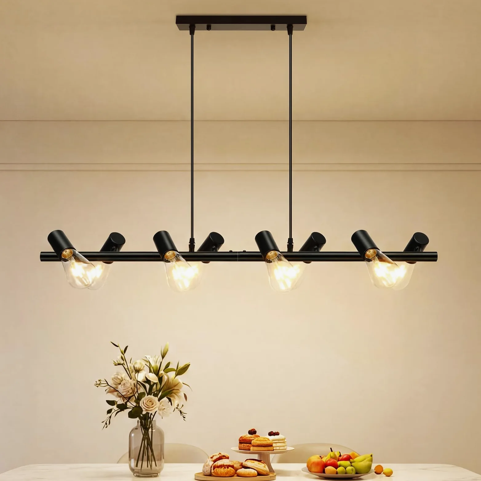 VivaLet Lampadario Soggiorno Moderni Nero, E27 Faretti Soffitto a 8-Luci, Testa Orientabile, Lampadario Vintage a Sospensione da Sala da Pranzo Regolabile in Altezza, Plafoniera Industrial per Cucina