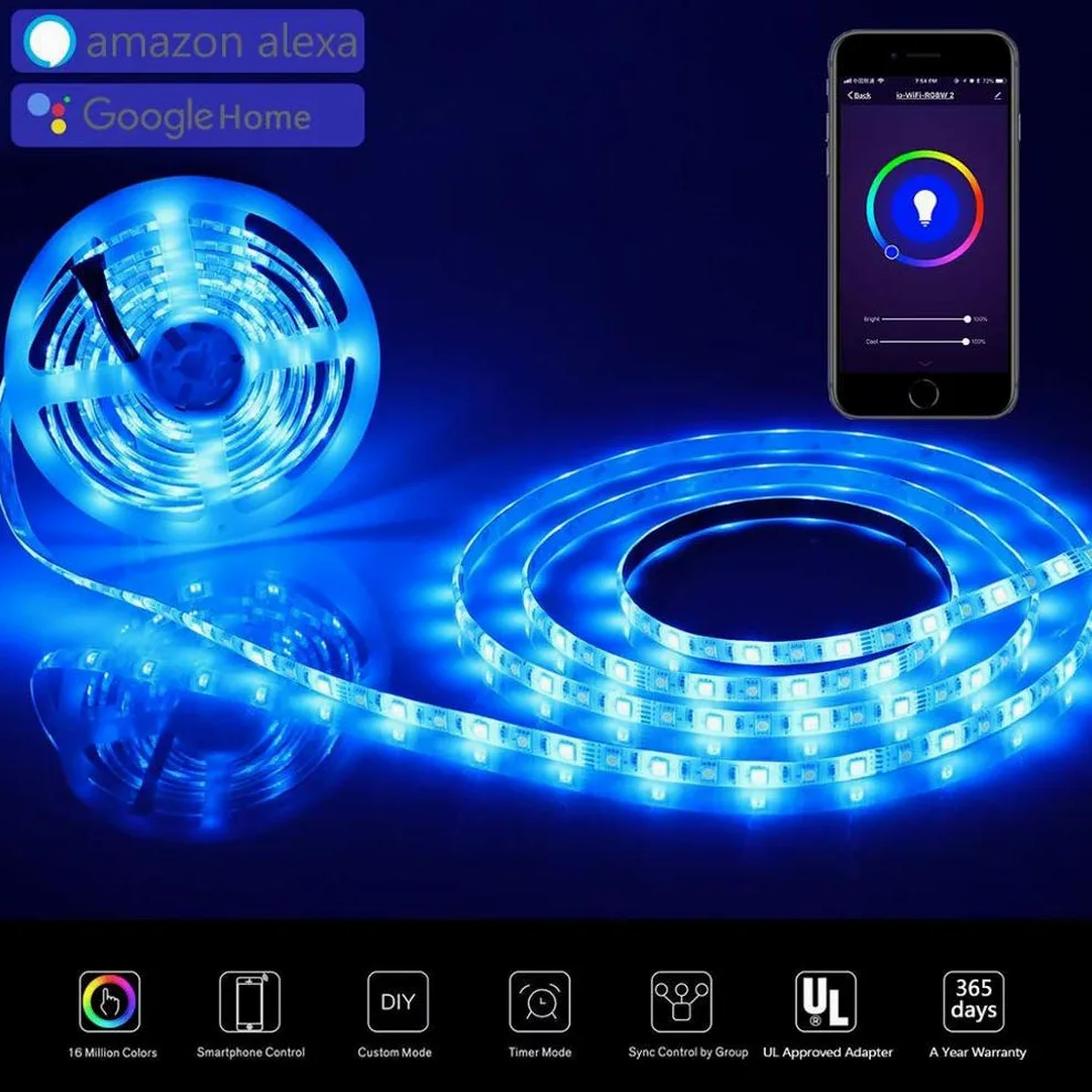 Striscia LED 5M, WiFi Luci LED Colorate Smart Phone Strisce LED Compatibile RGB SMD 5050 Musica SYNC LED Strip Controllo App E 24 Tasti Telecomando RF per Casa Cucina Festa TV Decorazione,15M