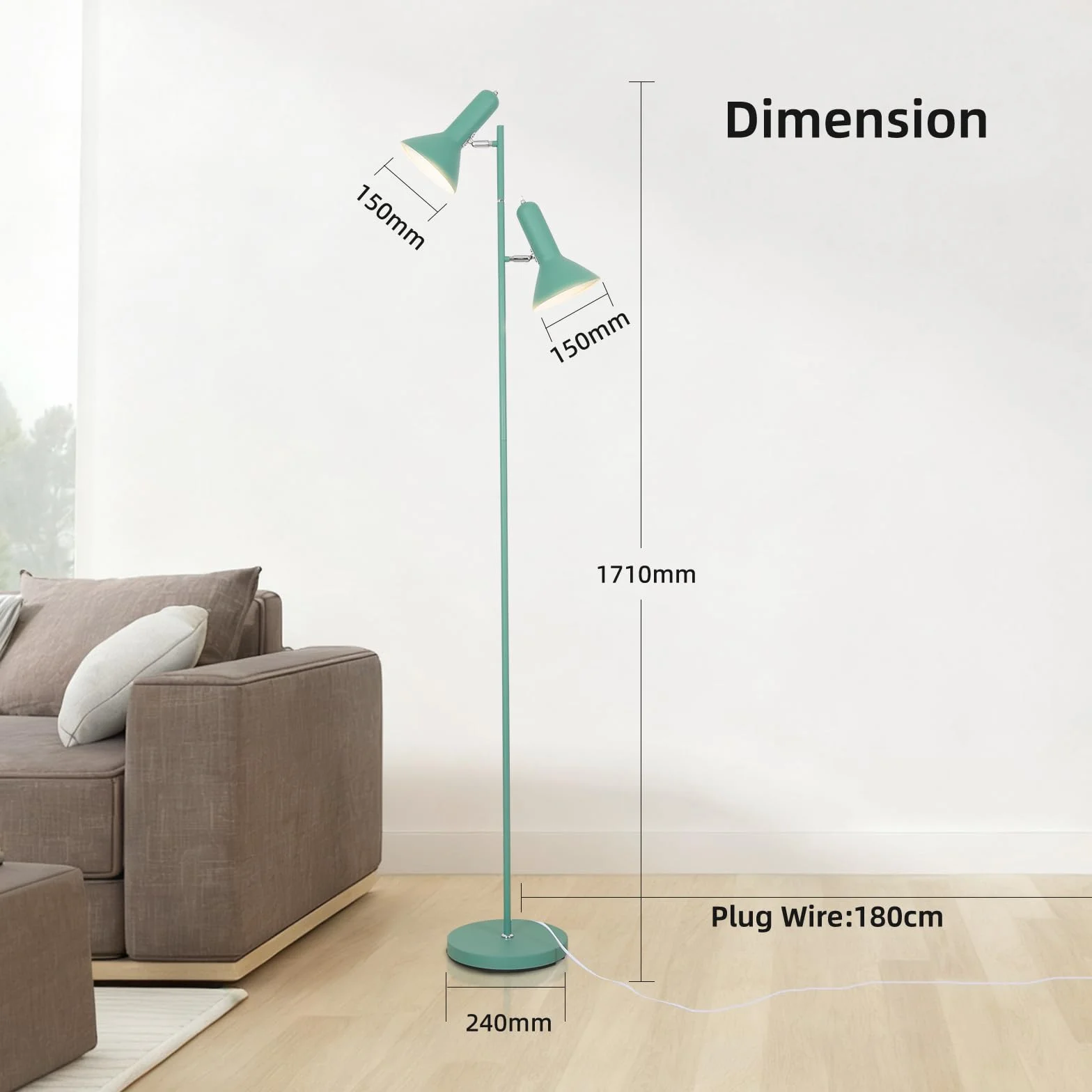 Lampa de Pie de Salotto DIYA-Verde, 2x E27 MAX. 60W Floor lamp, Lampada da Terra Vintage altezza 171CM, Lampada da Terra Retrò in Metallo per Camera da Letto, Studio, Ufficio, Pianta
