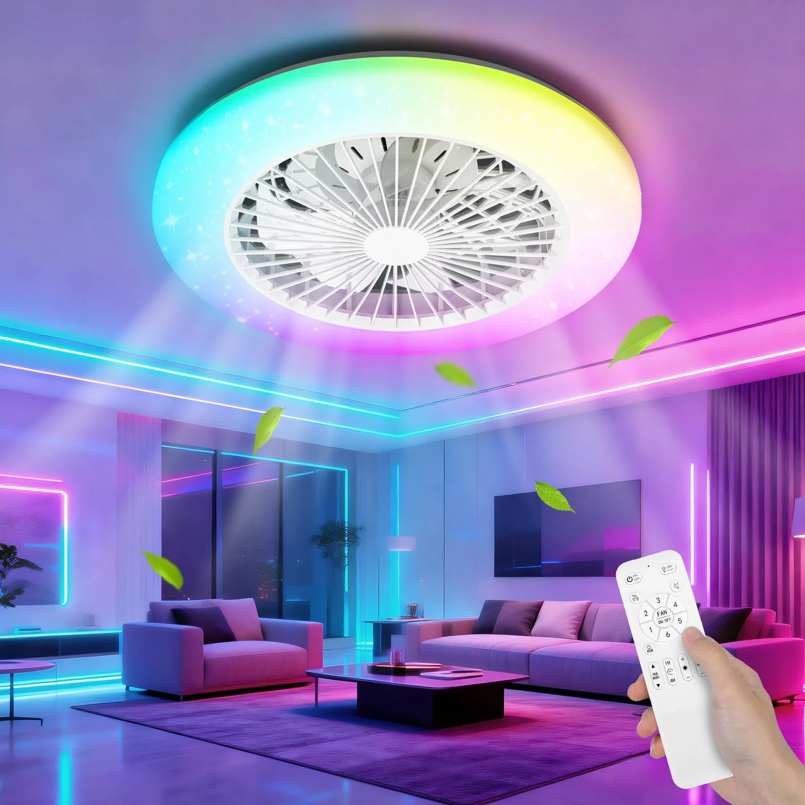 Aigostar Ventilatore da Soffitto con Luce e Telecomando, Plafoniera LED 40W RGB+CCT Dimmerabile, Motore Silenzioso, 7 Pale, Timer, 19" Bianco
