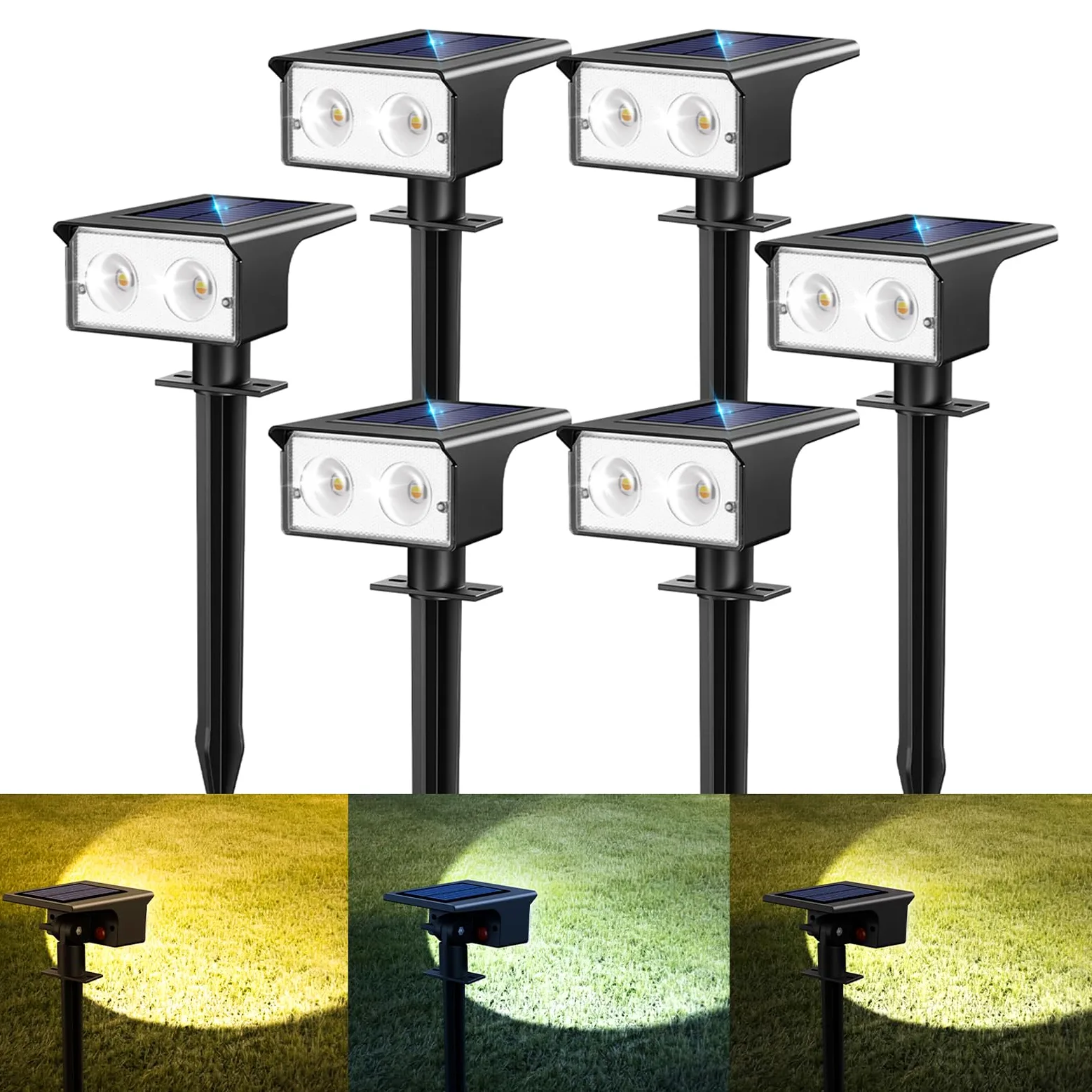 btfarm 6 Pezzi Faretti Solari a LED da Esterno, 3000K/4500K/6000K Luci Solari da Giardino IP65 Impermeabile, 2 Livelli di Luminosità Lampade Luce Solare Potenti per Cortile Vialetto Garage Prato