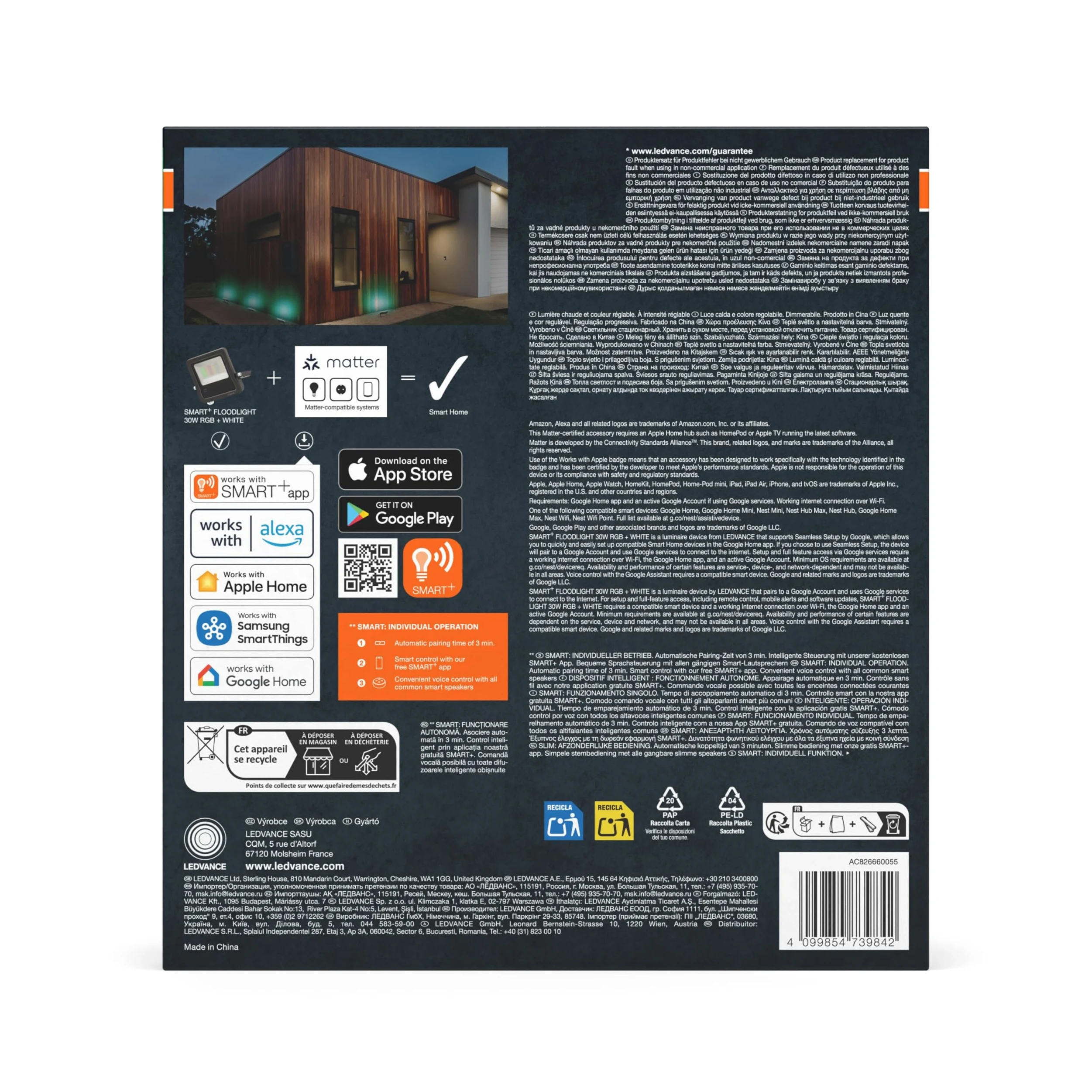 OSRAM SMART+ Matter Faretto LED, 20W, 1600lm, RGBW 16 milioni di colori, 3000K, WiFi, Matter, Alexa/Google, IP65