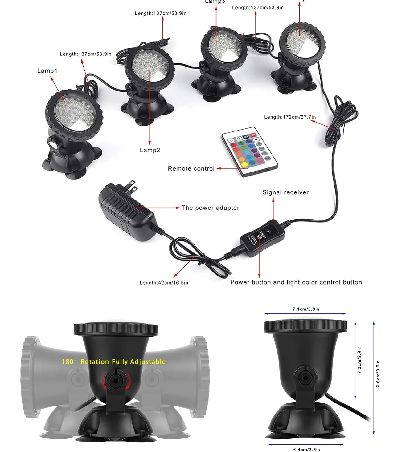 SHOYO, Faretto Impermeabile IP68 Sommergibile Luce Subacquea con 36 Lampadine a LED da 3,5 W, Luce Cangiante per Acquario, Giardino, Laghetto, Piscina, Serbatoio Fontana a Cascata, A Pair of 4