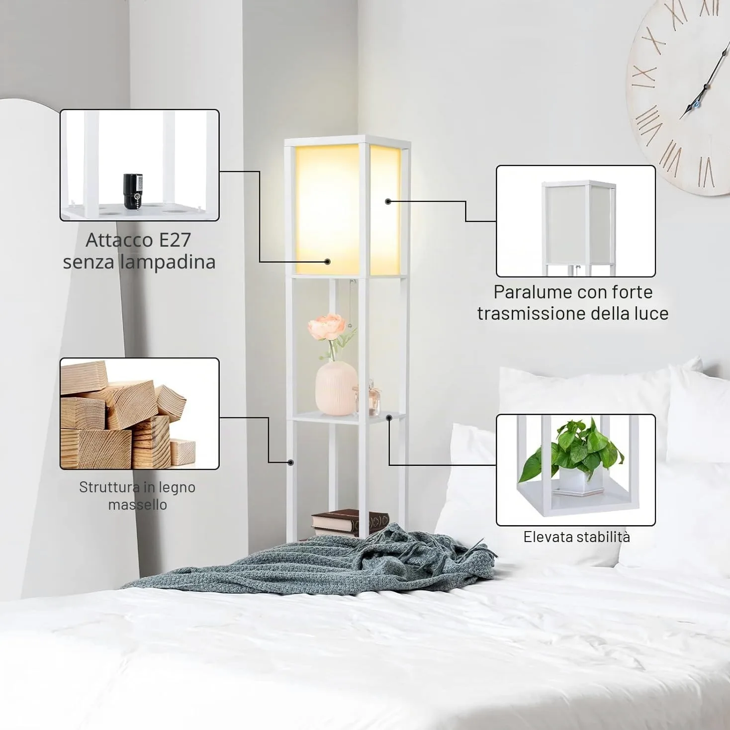 YU YUSING Lampada da Terra con Scaffale in Legno, Piantana con 3 Ripiani