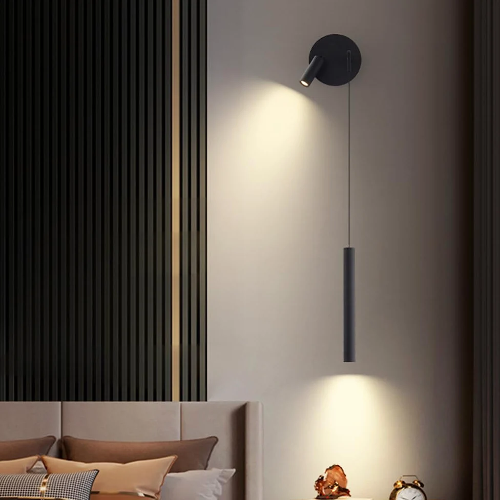 Lampada da Parete a Tubo Lungo, Lampada da Parete Moderna a LED con Piccolo Faretto Girevole e Orientabile, Lampade da Lettura da Comodino Nere, Applique da Parete con Flauto in Metallo per Camera da