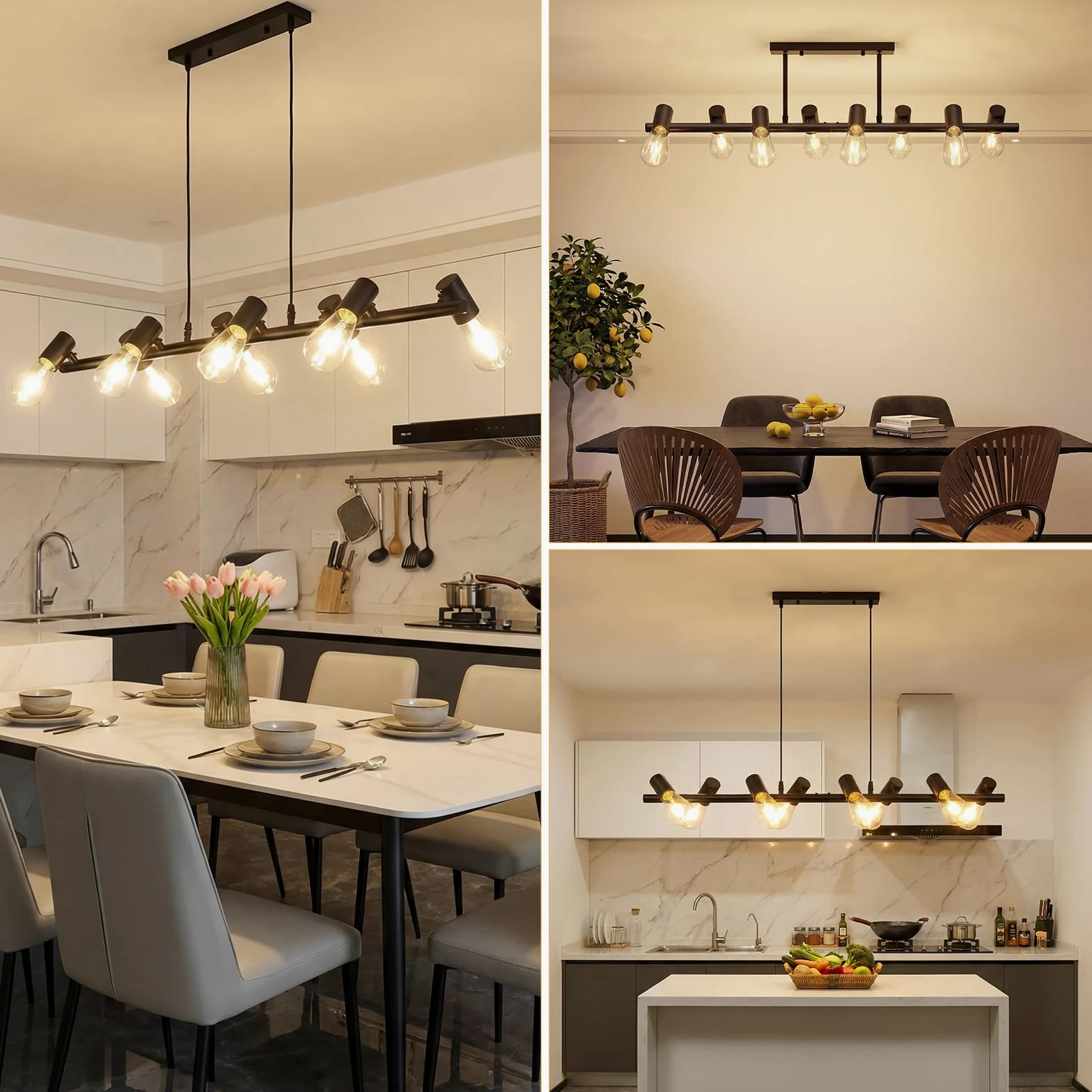 VivaLet Lampadario Soggiorno Moderni Nero, E27 Faretti Soffitto a 8-Luci, Testa Orientabile, Lampadario Vintage a Sospensione da Sala da Pranzo Regolabile in Altezza, Plafoniera Industrial per Cucina